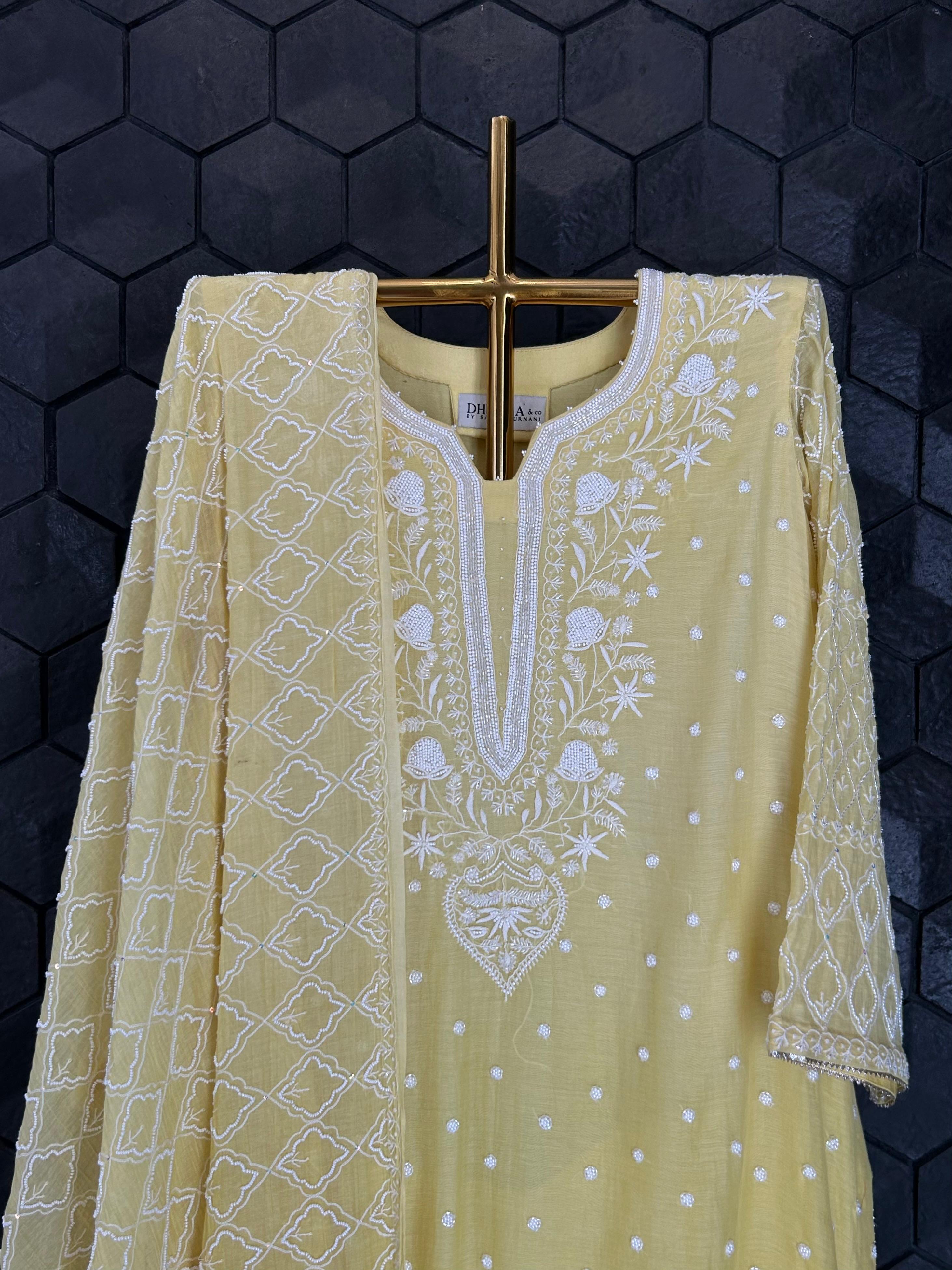 Lime green mul chanderi chikankari kurta set