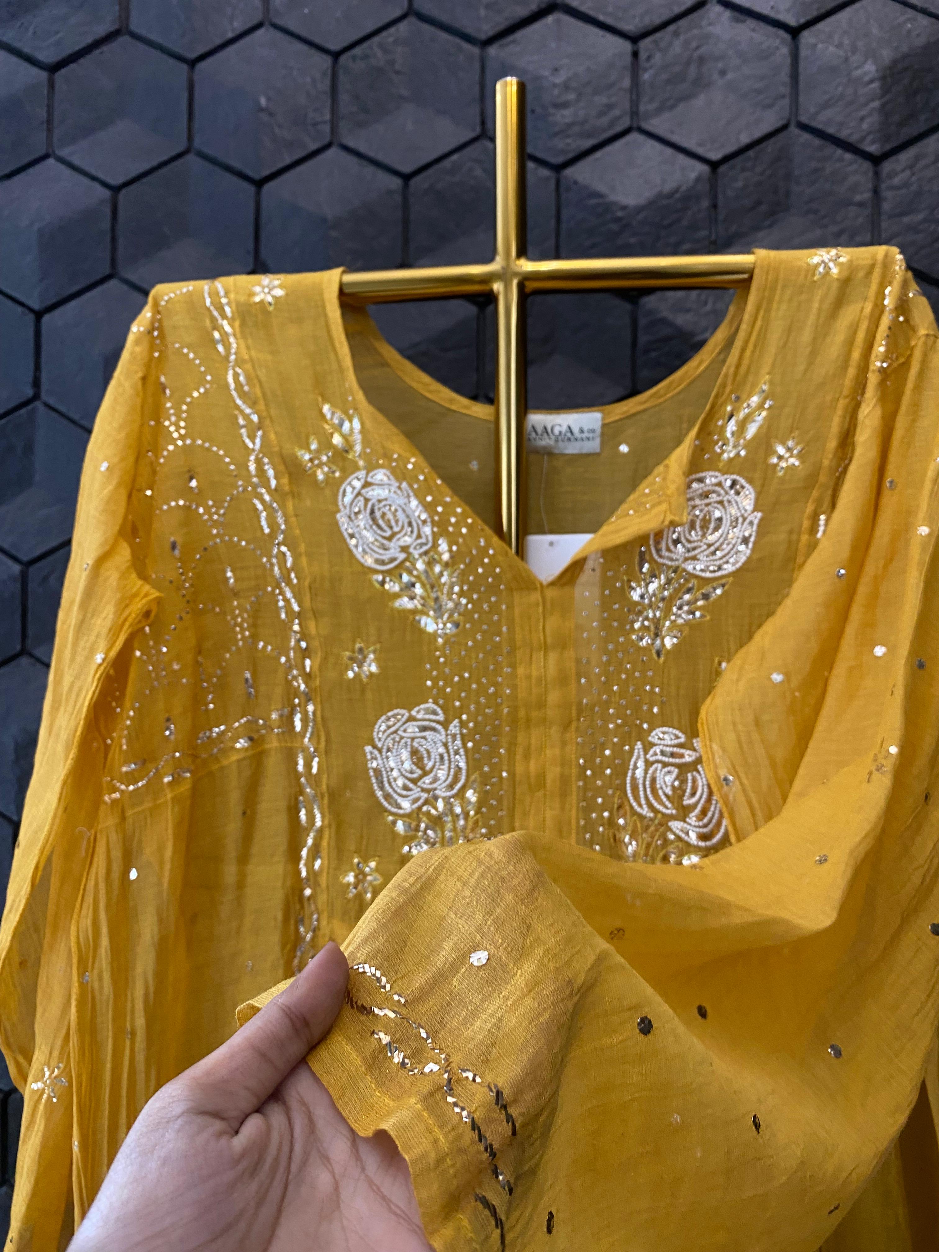 Mustard tissue chikankari kurta