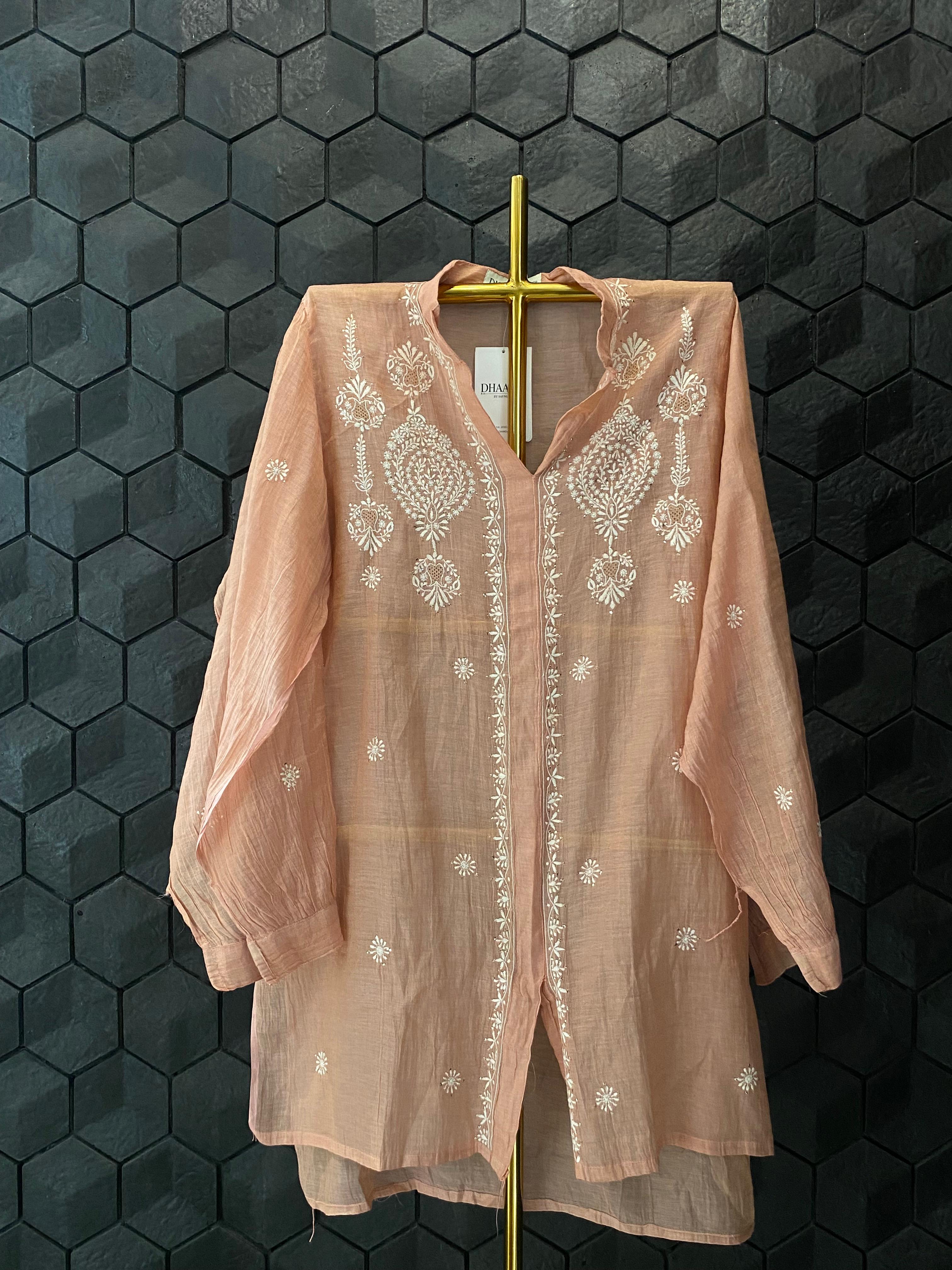 peach tissue chikankari co-ord set