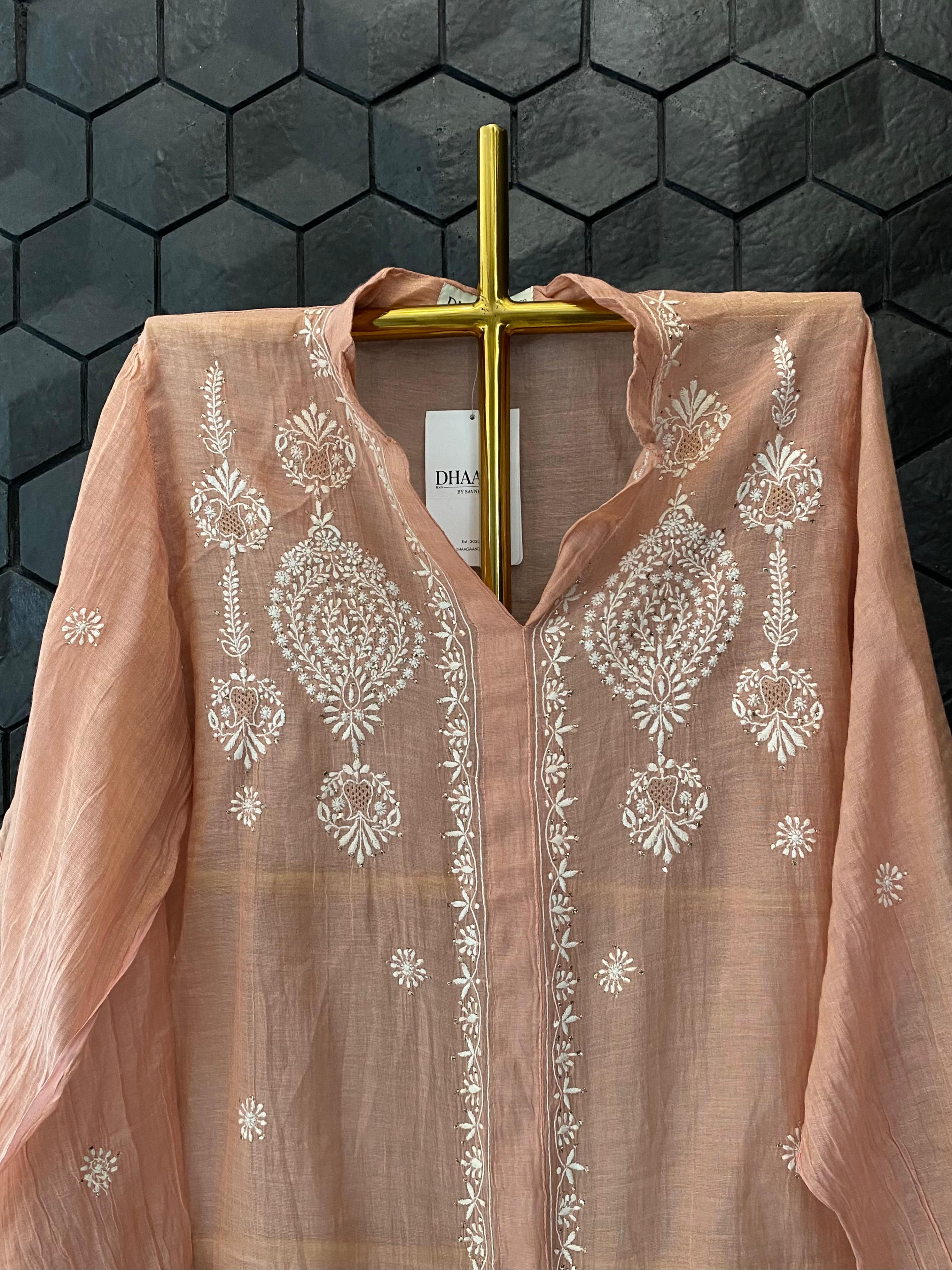 peach tissue chikankari co-ord set