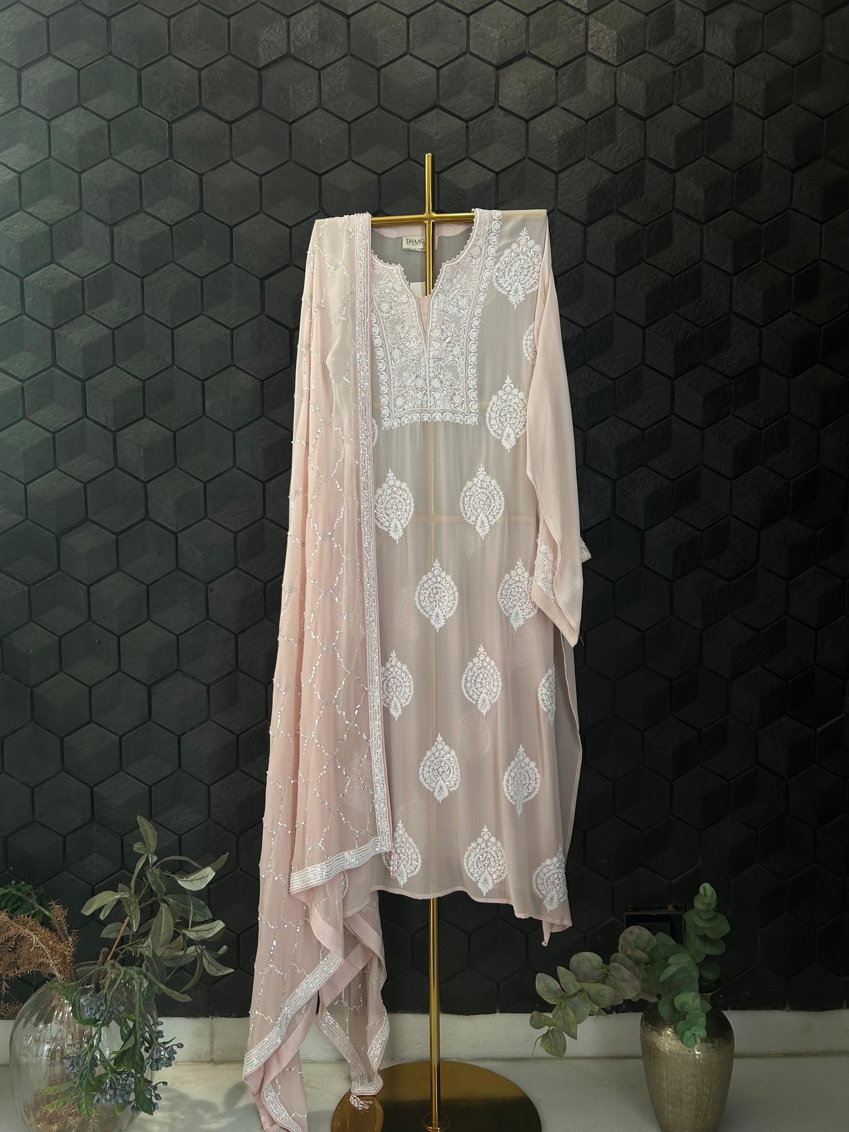 Pink georgette chikankari kurta set