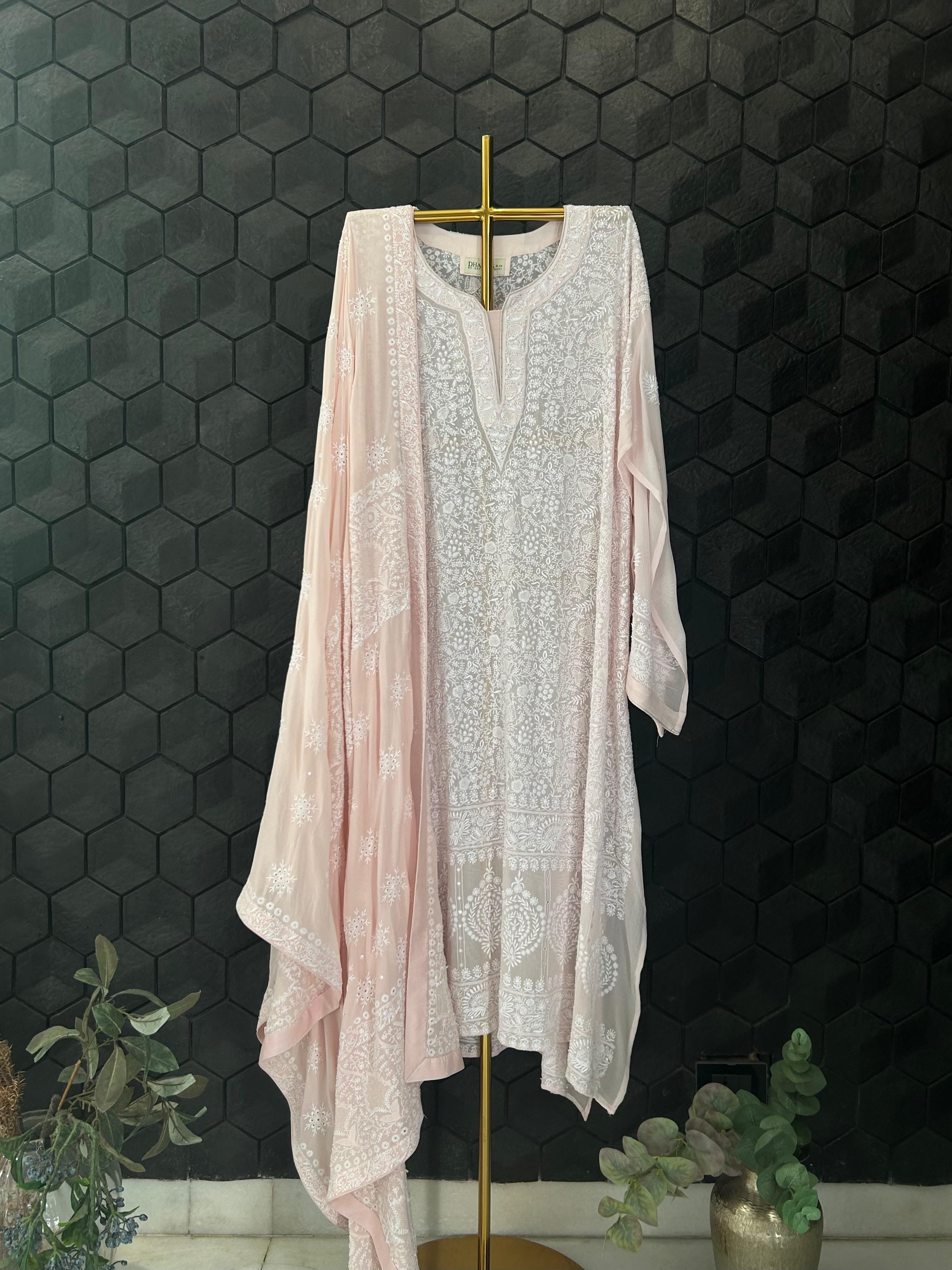 Pink Chiffon chikankari kurta set