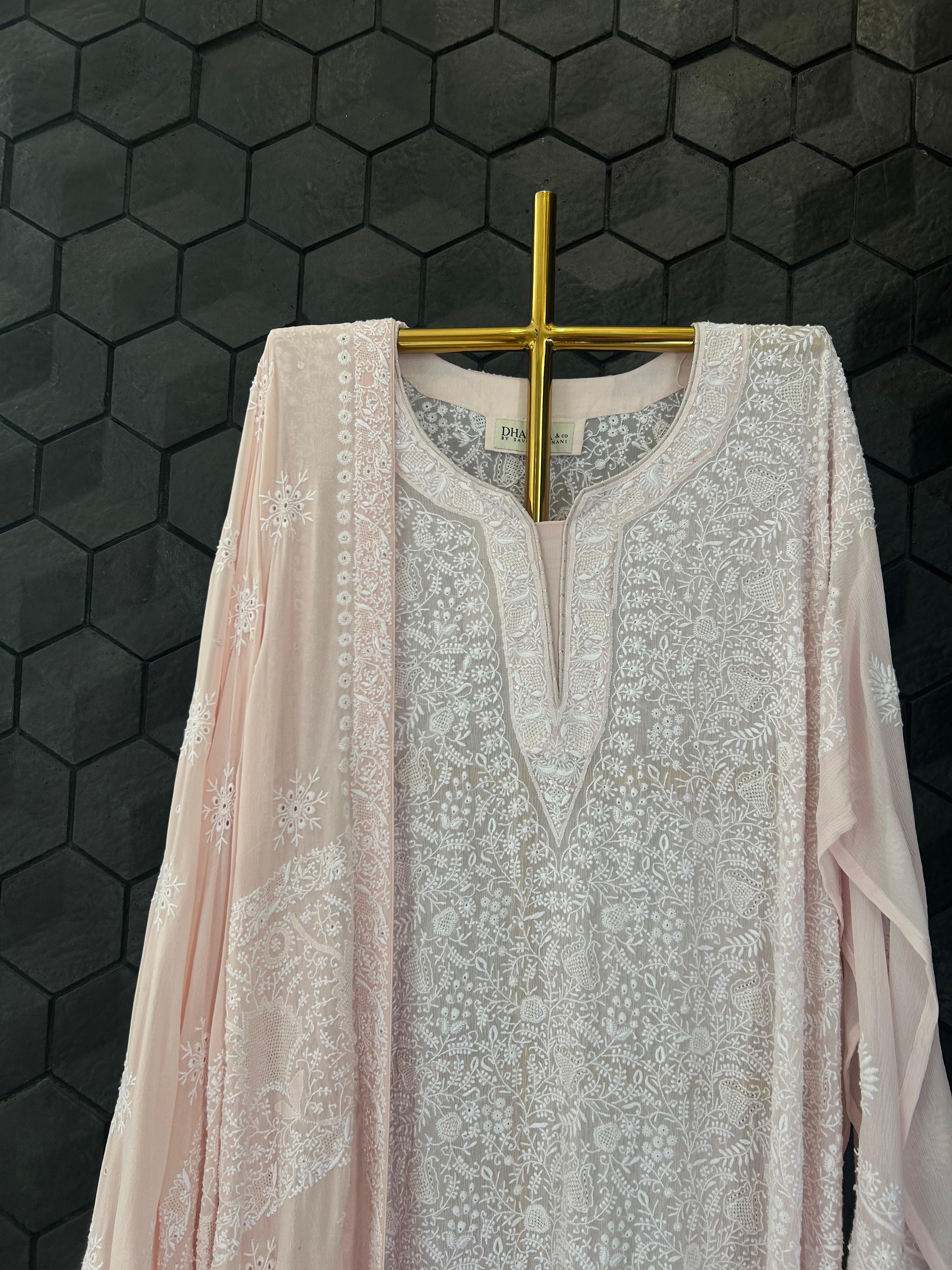 Pink Chiffon chikankari kurta set