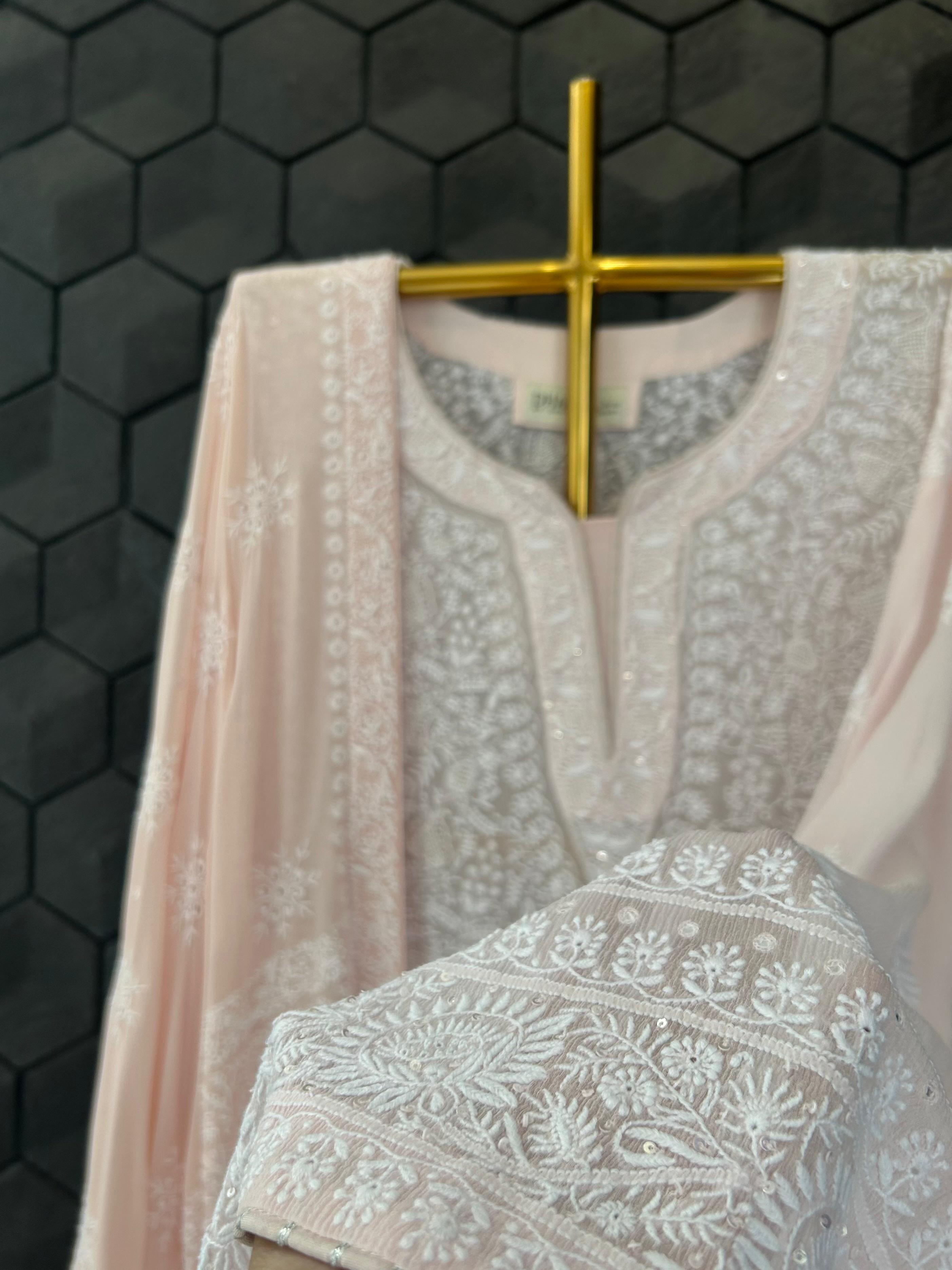 Pink Chiffon chikankari kurta set