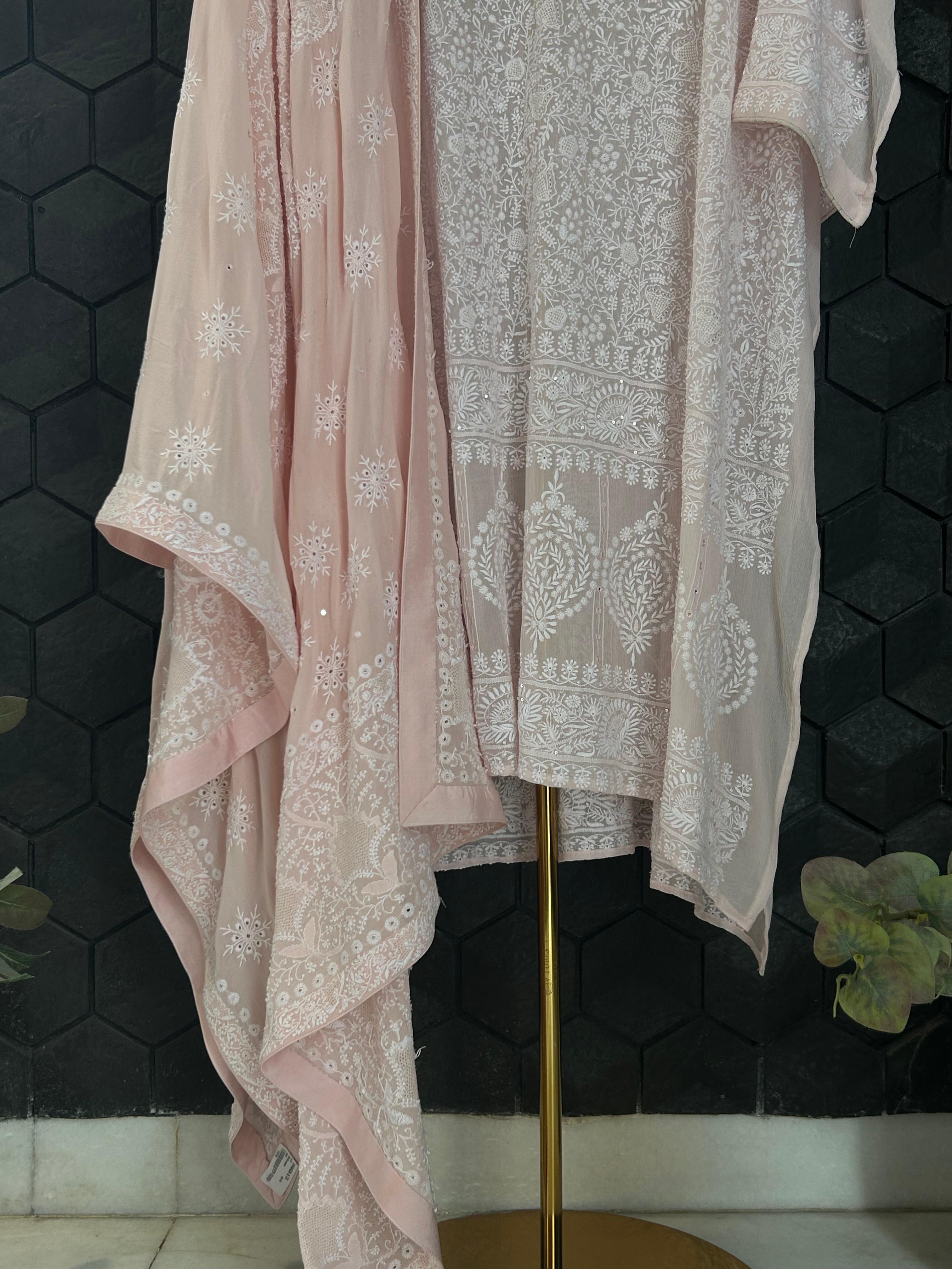 Pink Chiffon chikankari kurta set