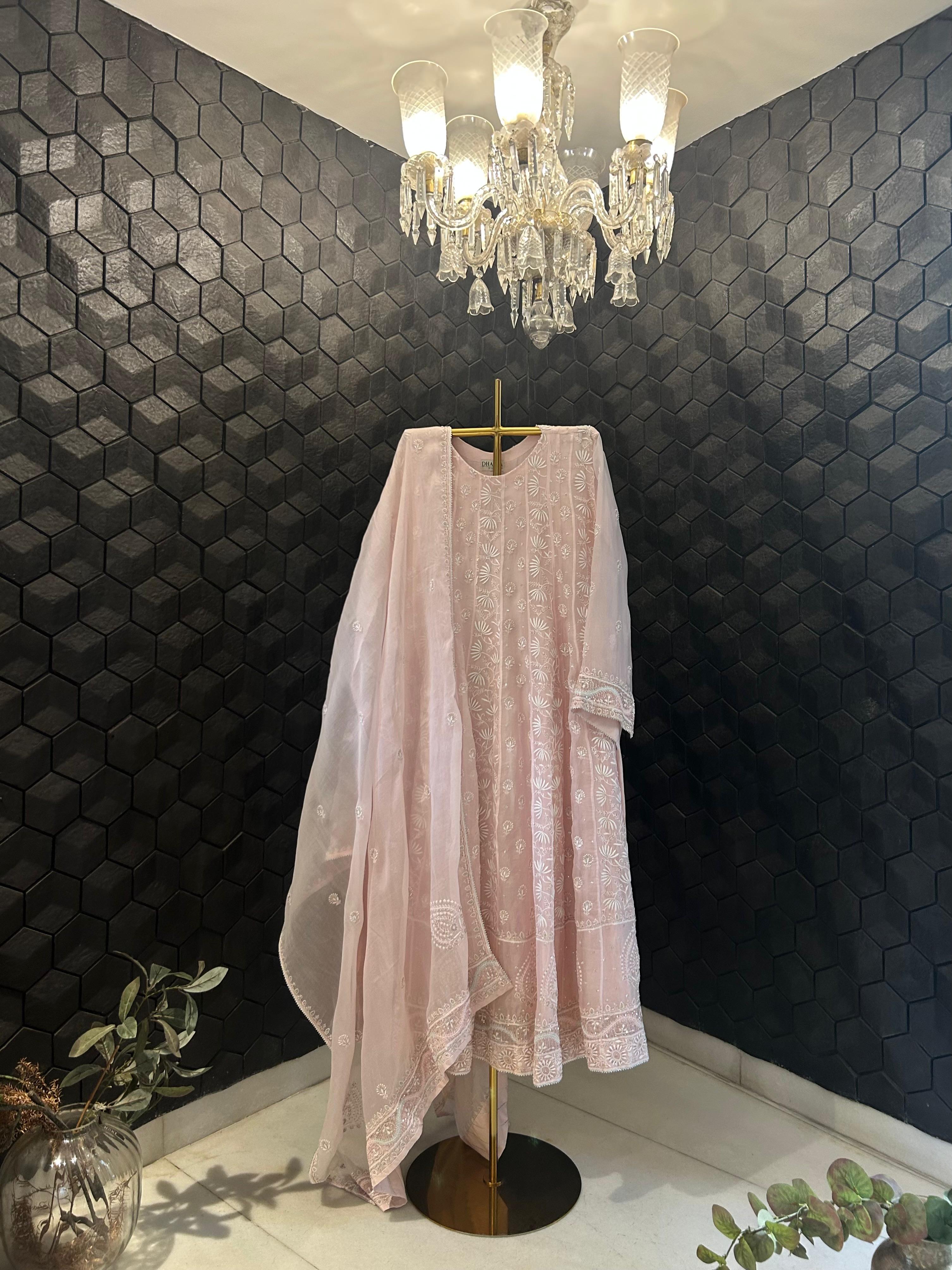Pink organza chikankari anarkali set