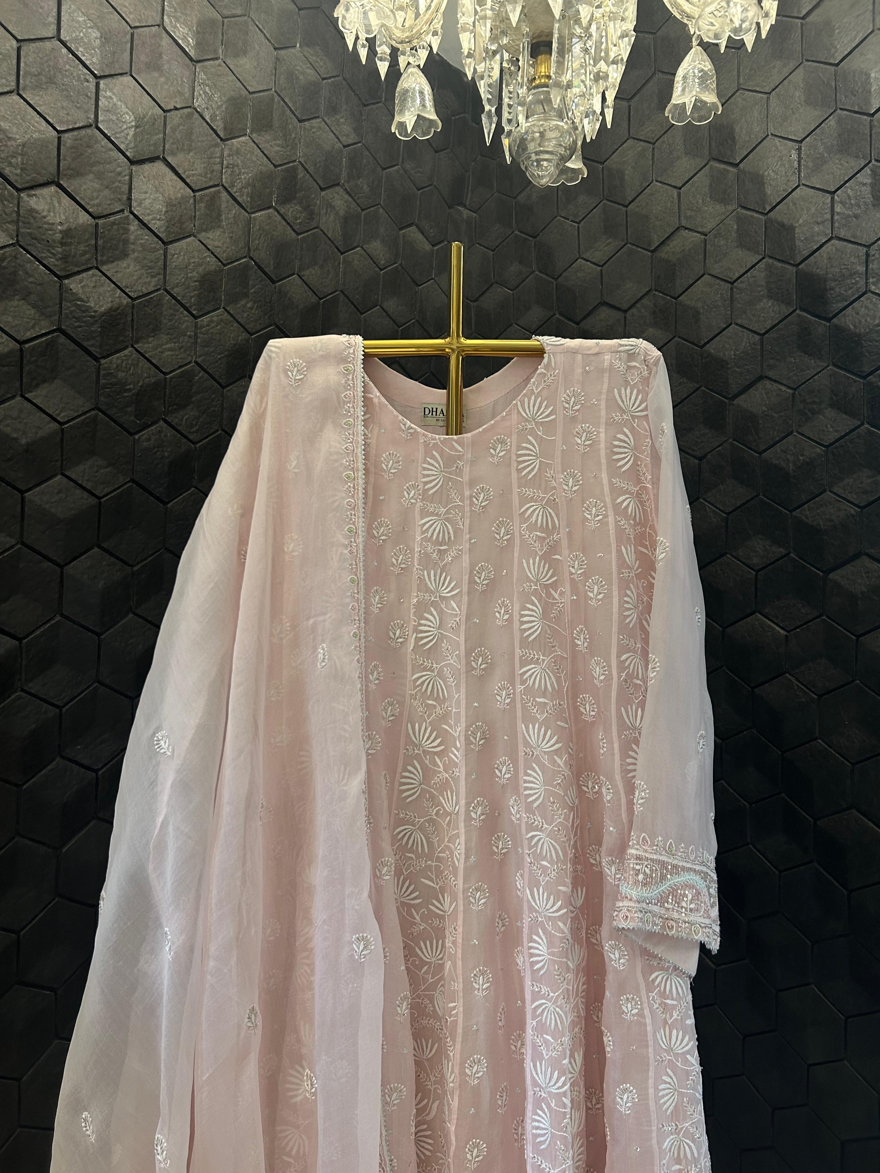 Pink organza chikankari anarkali set