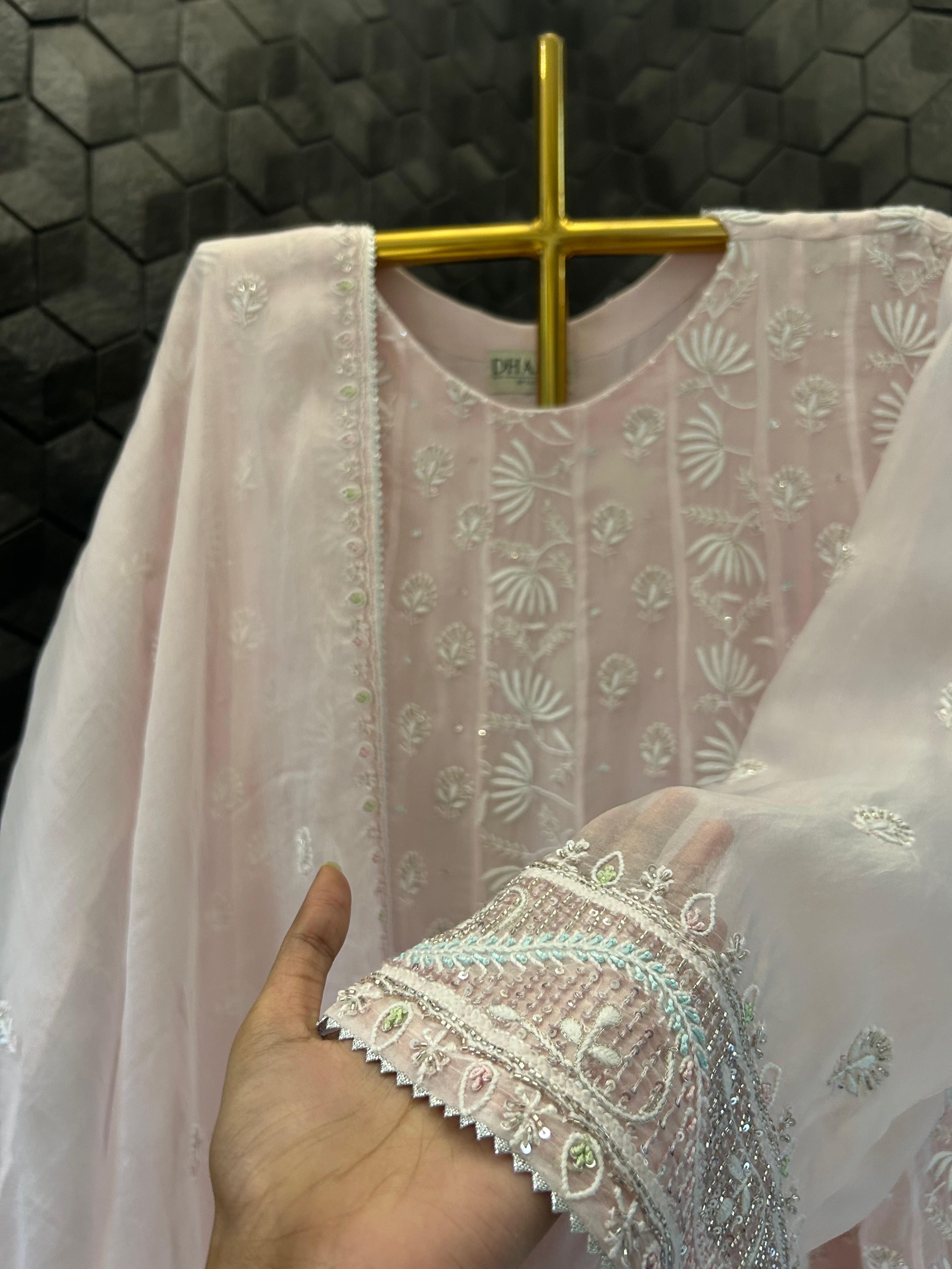 Pink organza chikankari anarkali set