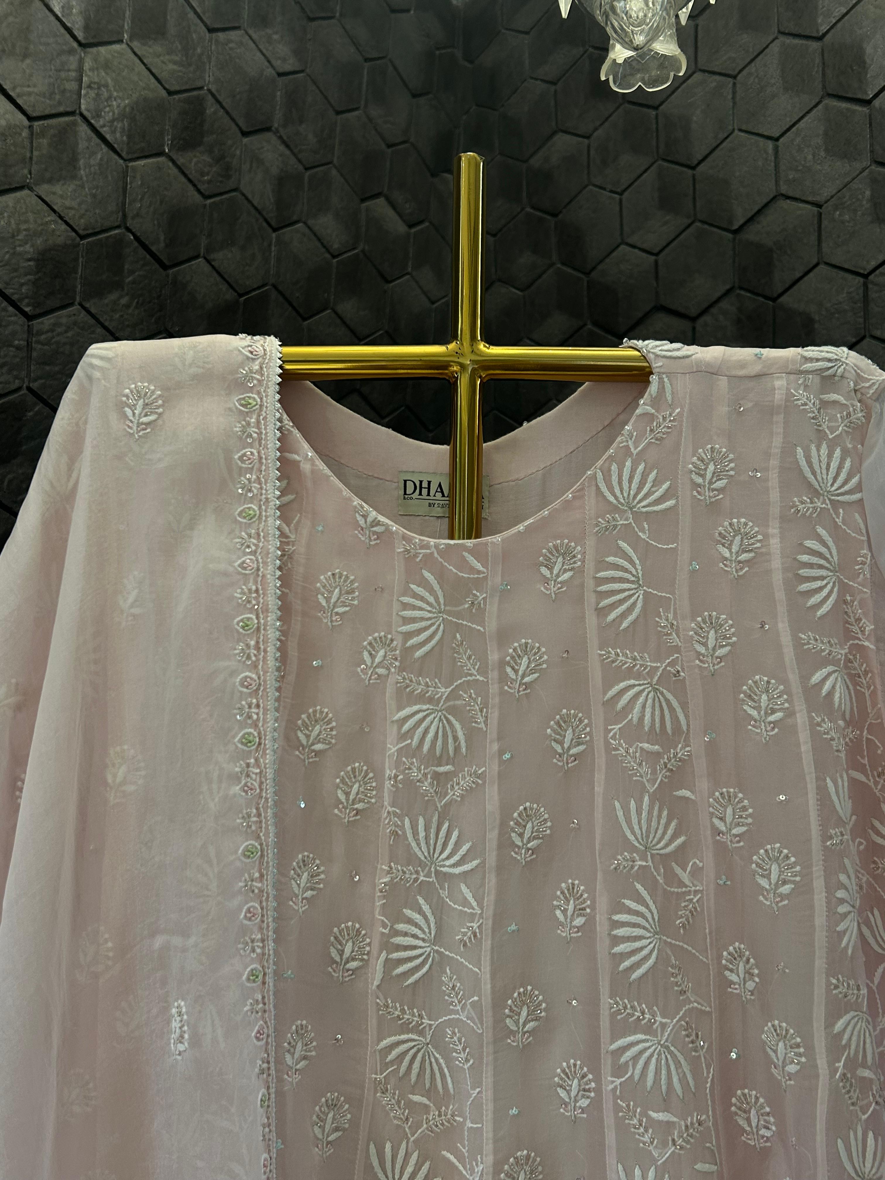 Pink organza chikankari anarkali set