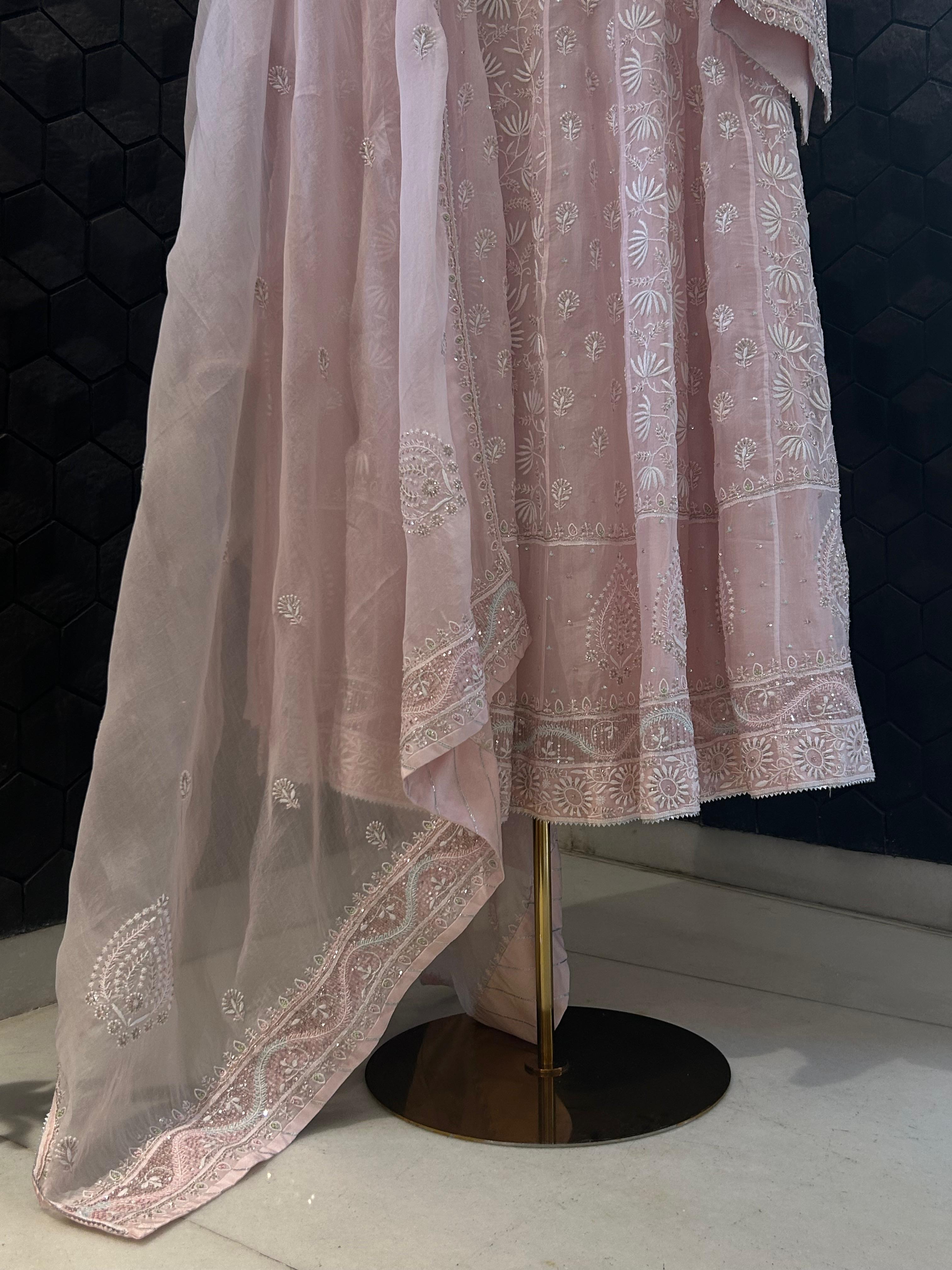 Pink organza chikankari anarkali set