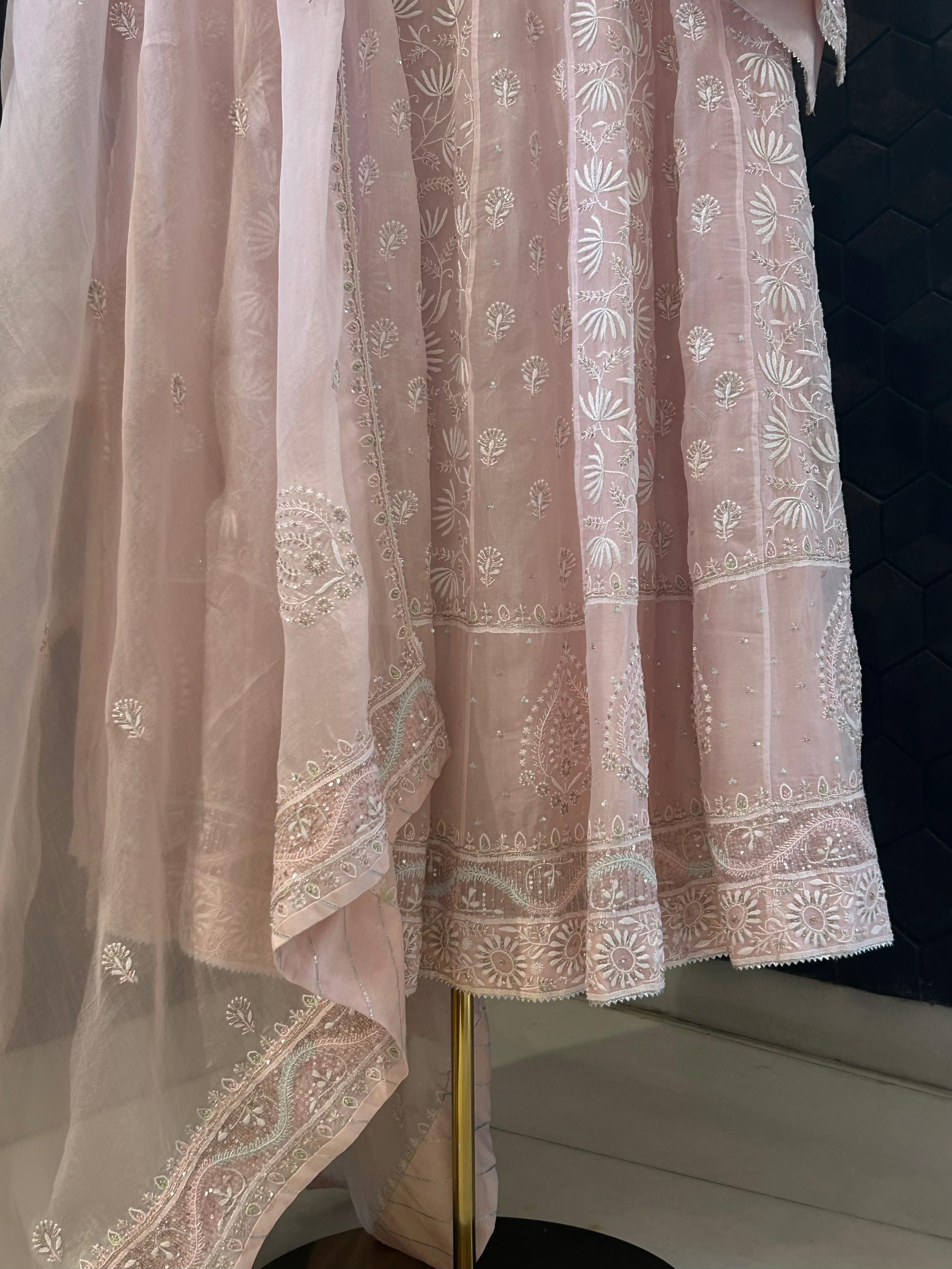 Pink organza chikankari anarkali set
