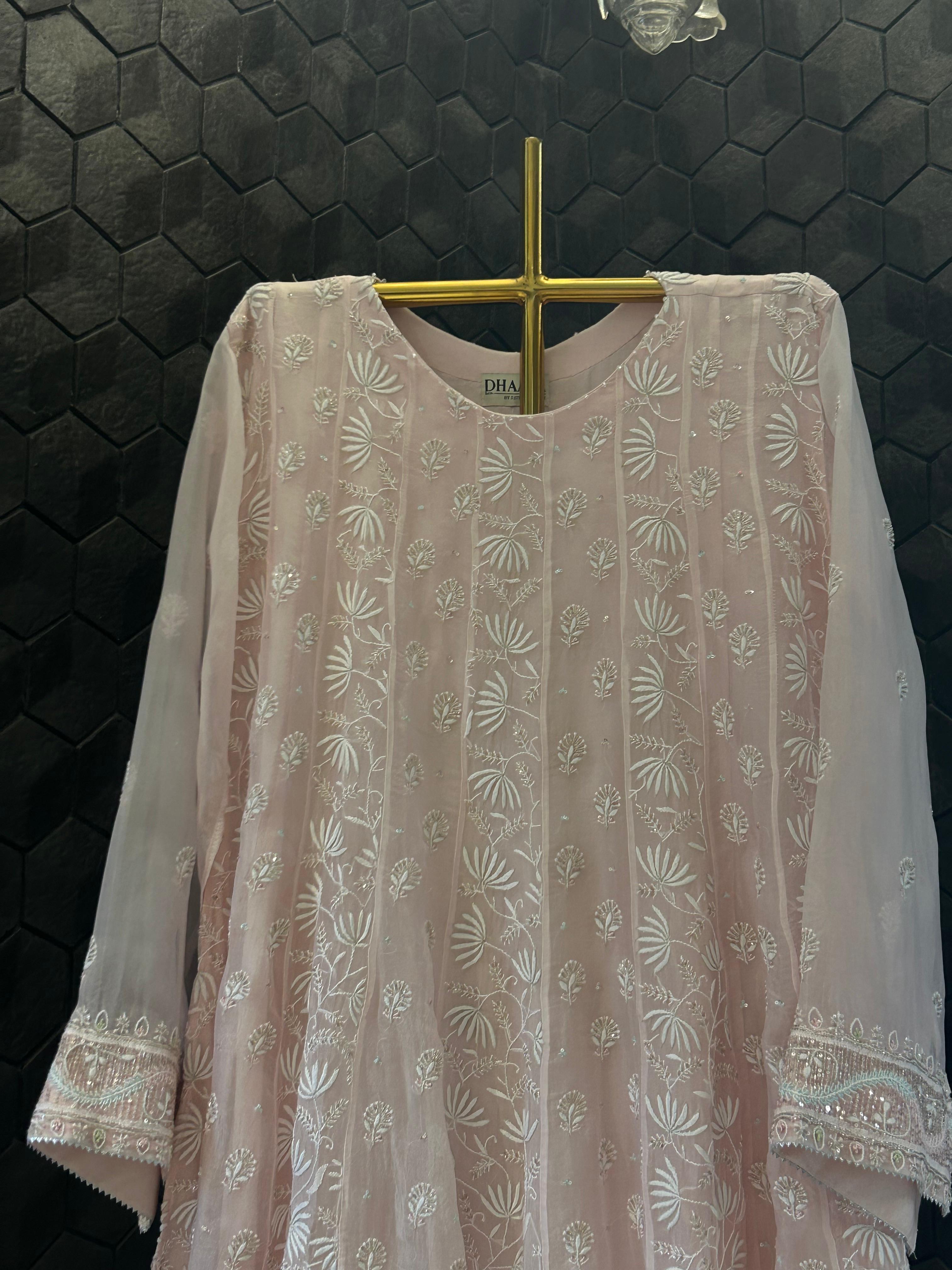 Pink organza chikankari anarkali set