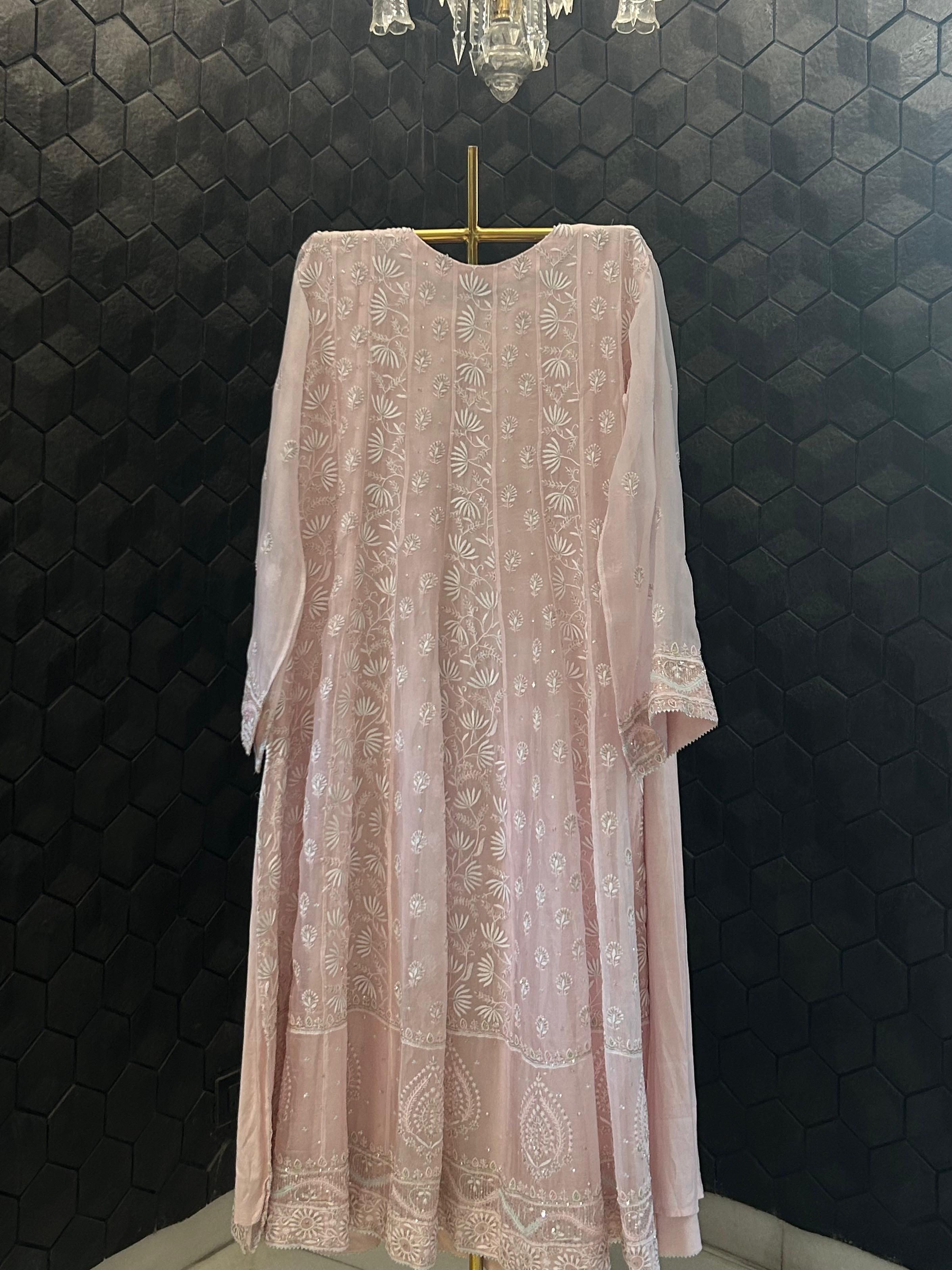 Pink organza chikankari anarkali set