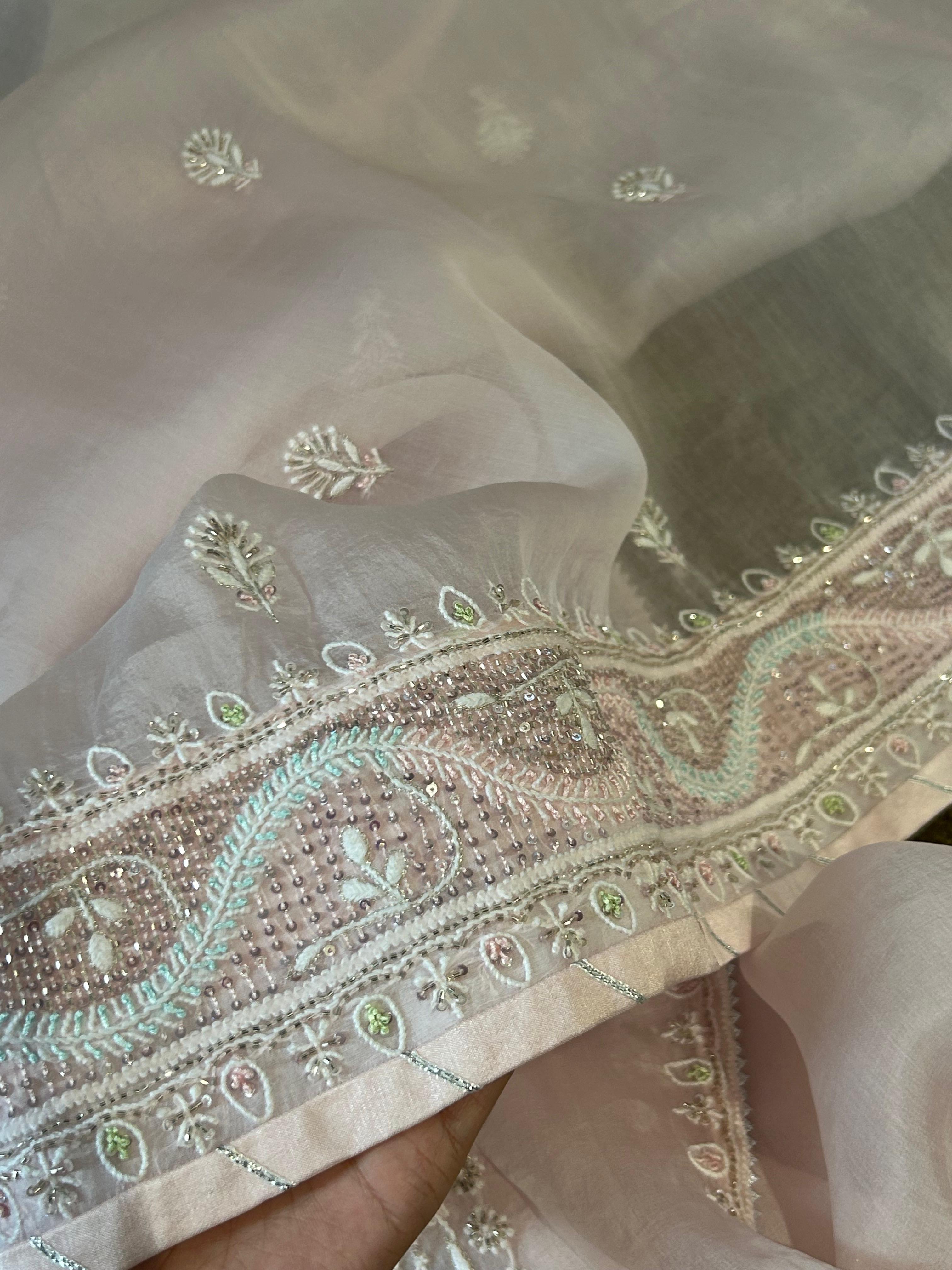 Pink organza chikankari anarkali set