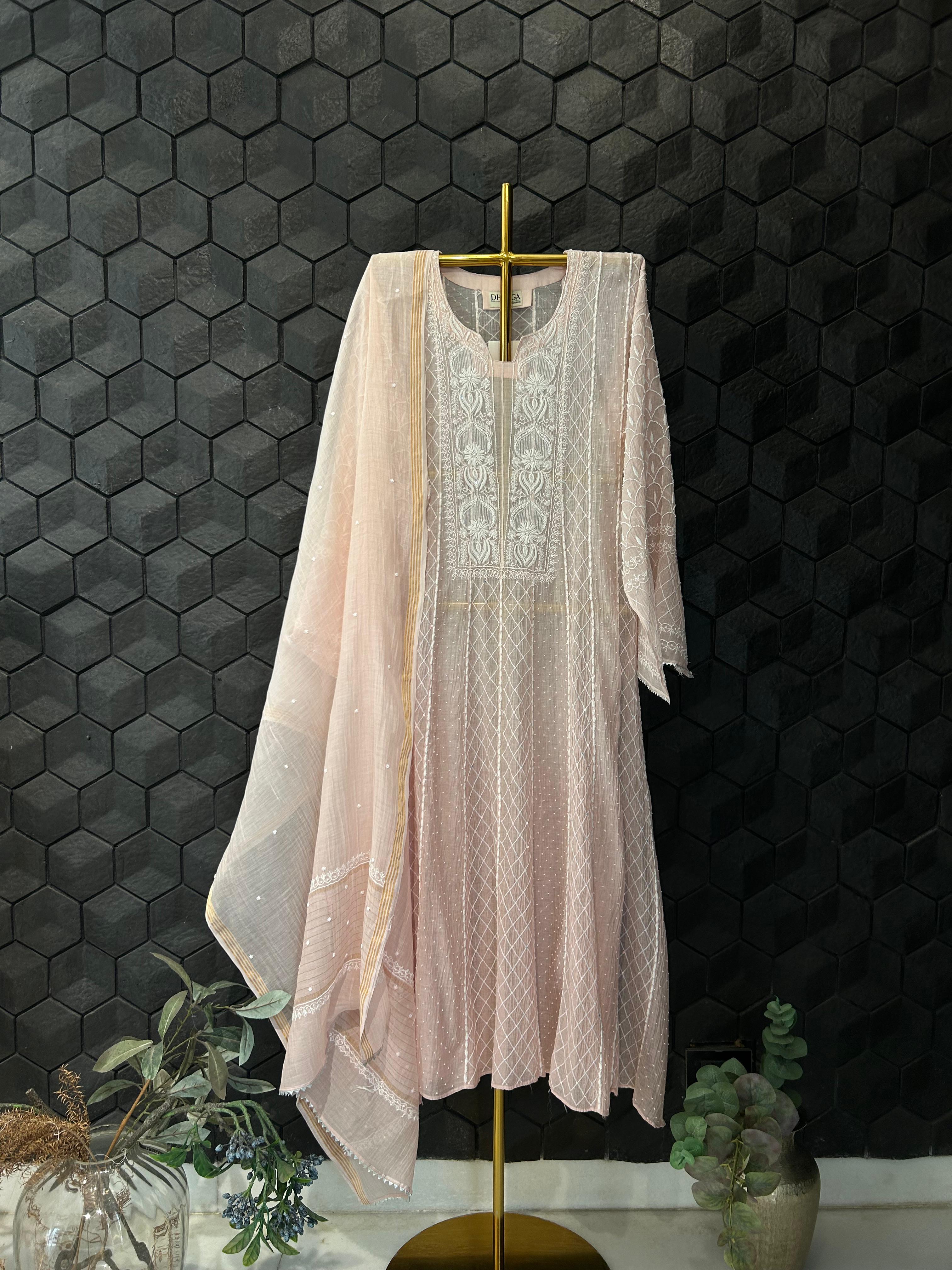 Pink mul chanderi chikankari anarkali set