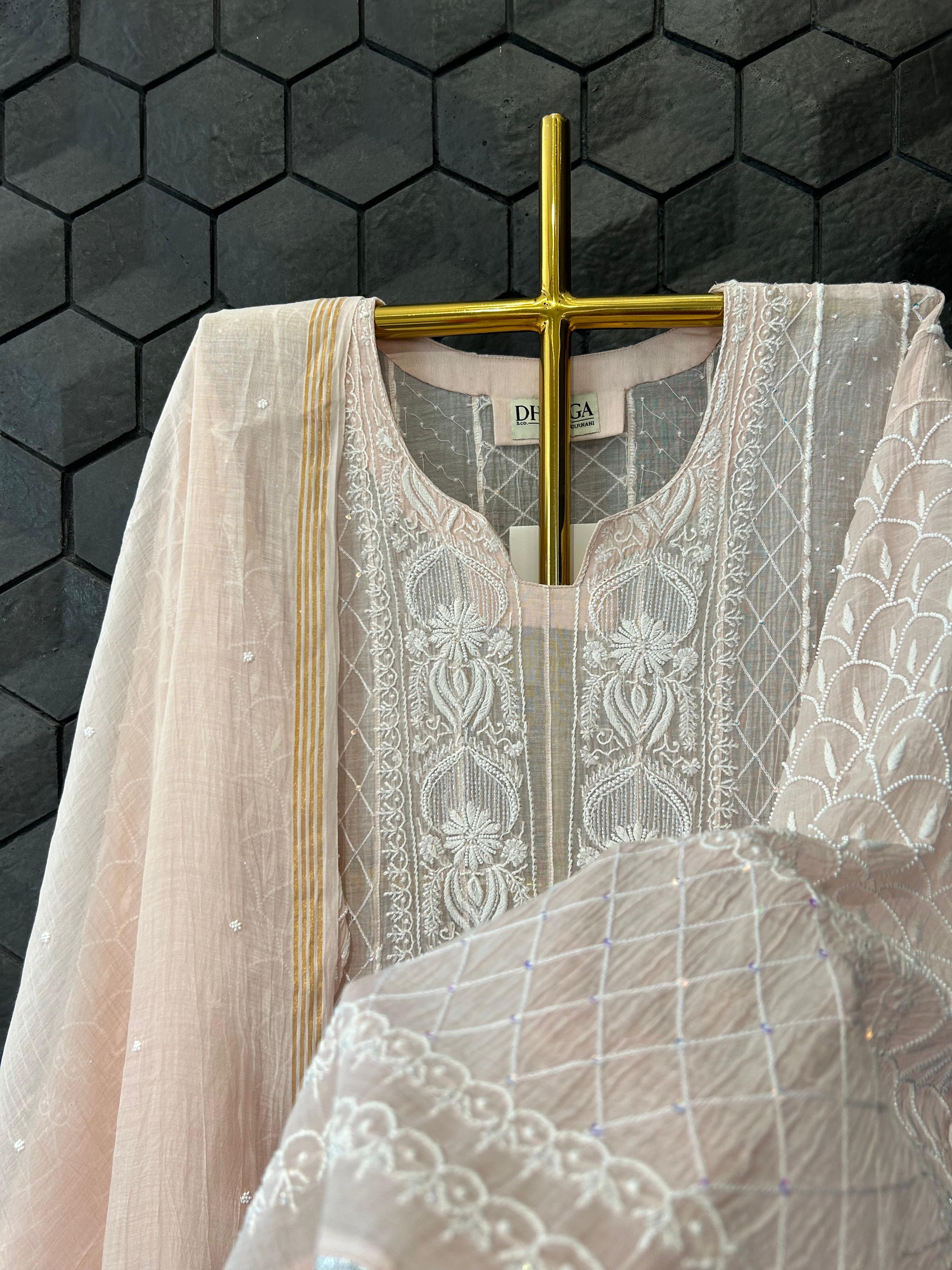 Pink mul chanderi chikankari anarkali set