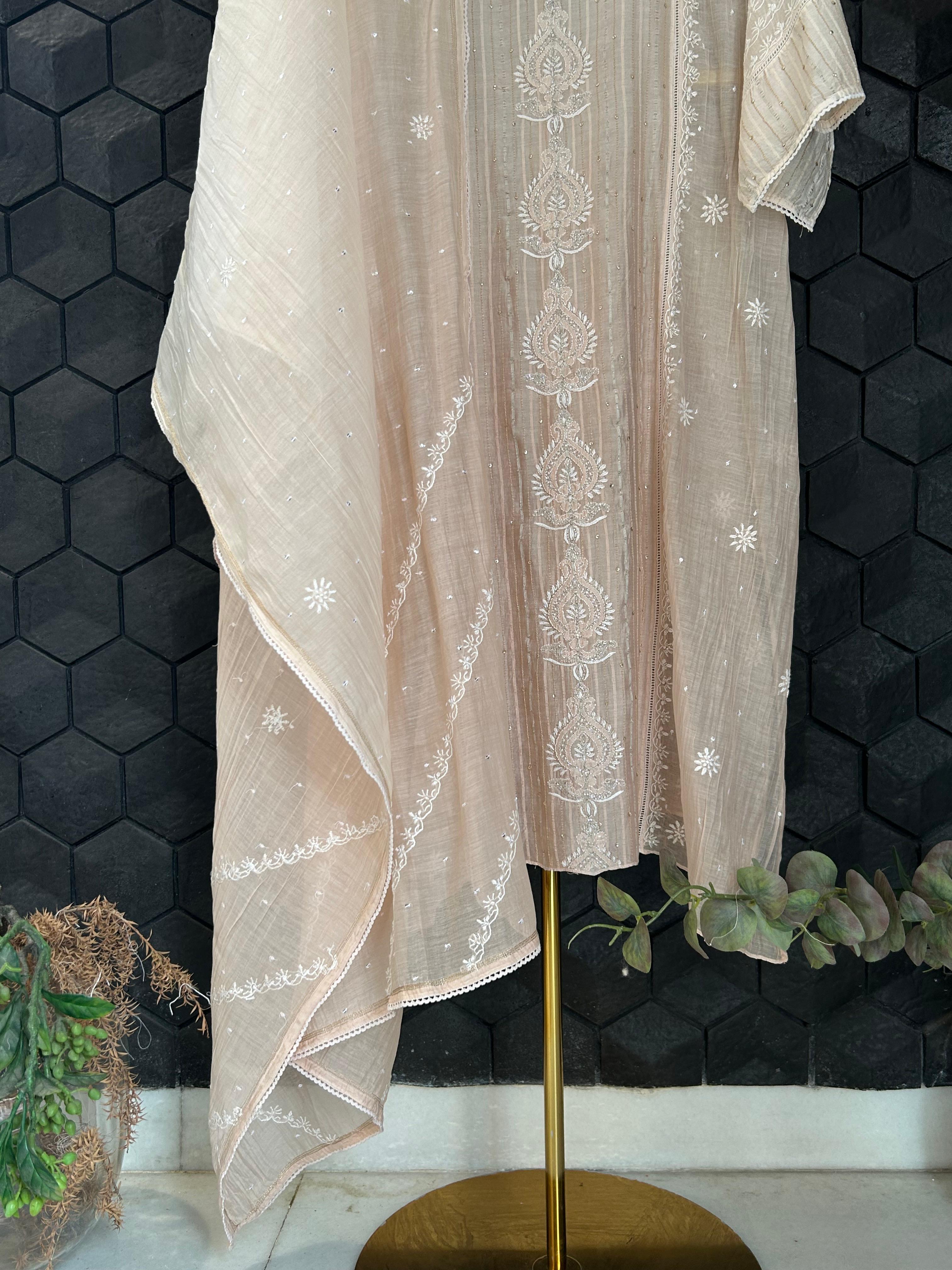 Peach mul chanderi chikankari kurta set