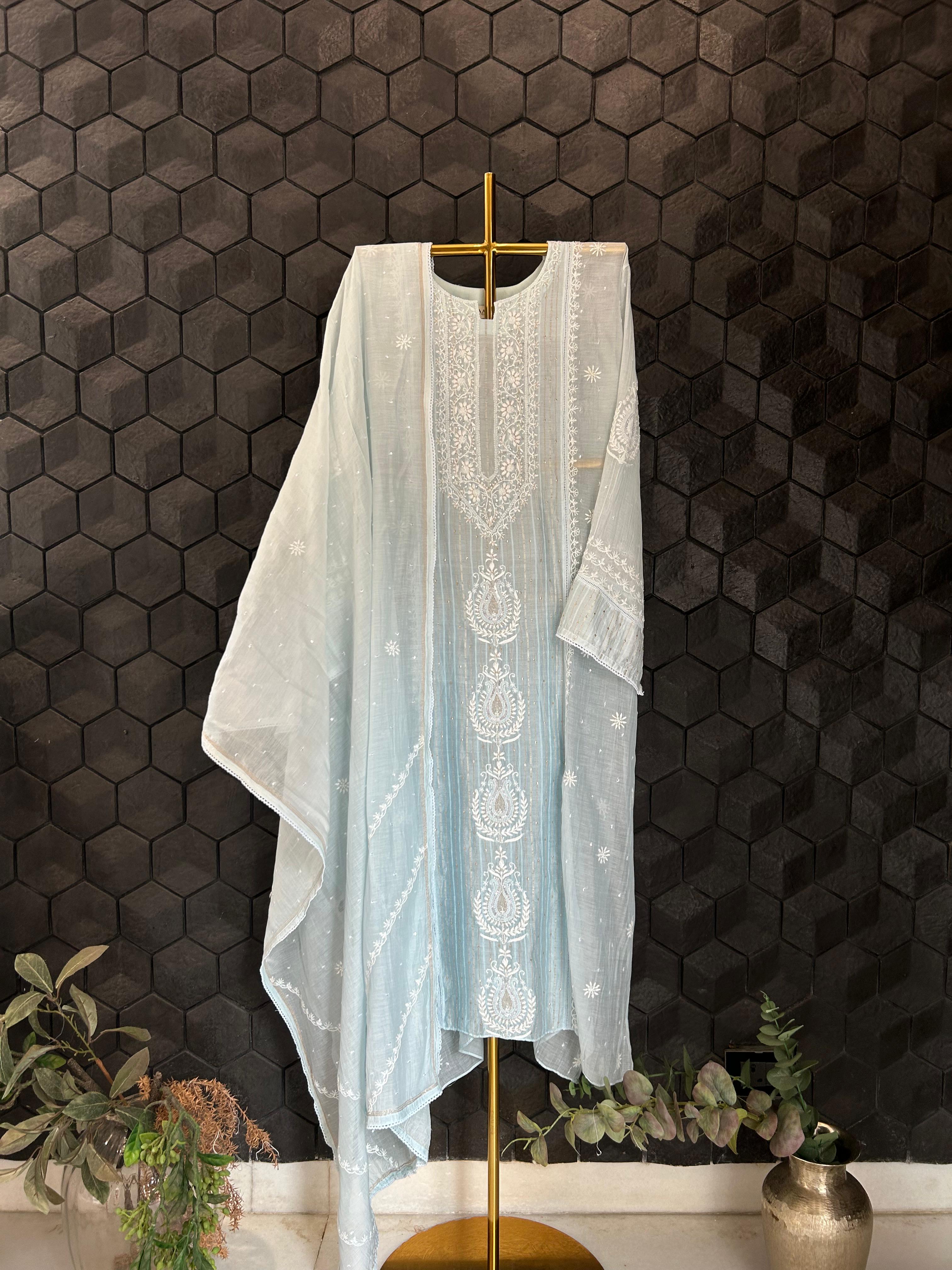 Sky Blue Mul Chanderi chikankari kurta set