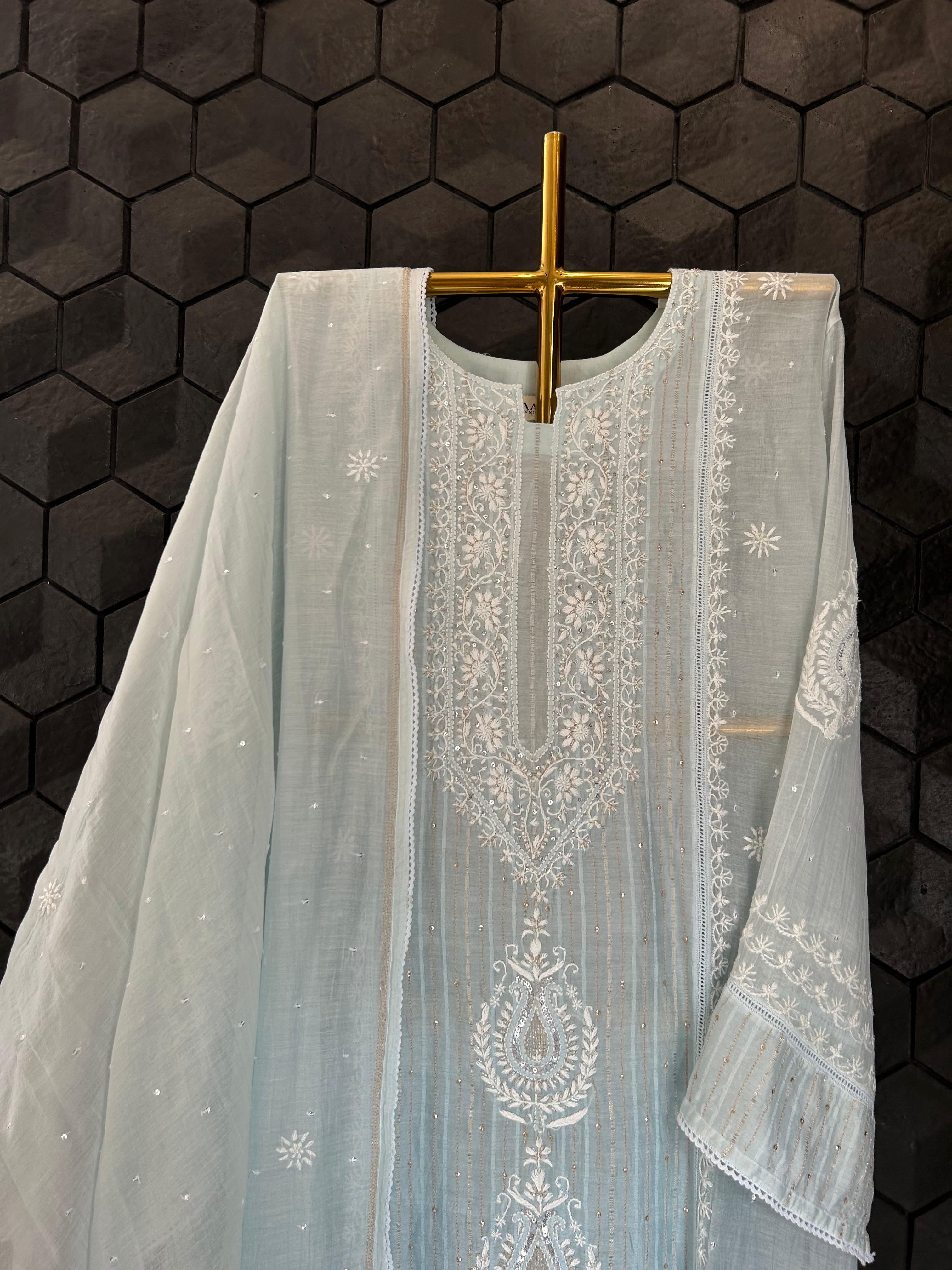 Sky Blue Mul Chanderi chikankari kurta set