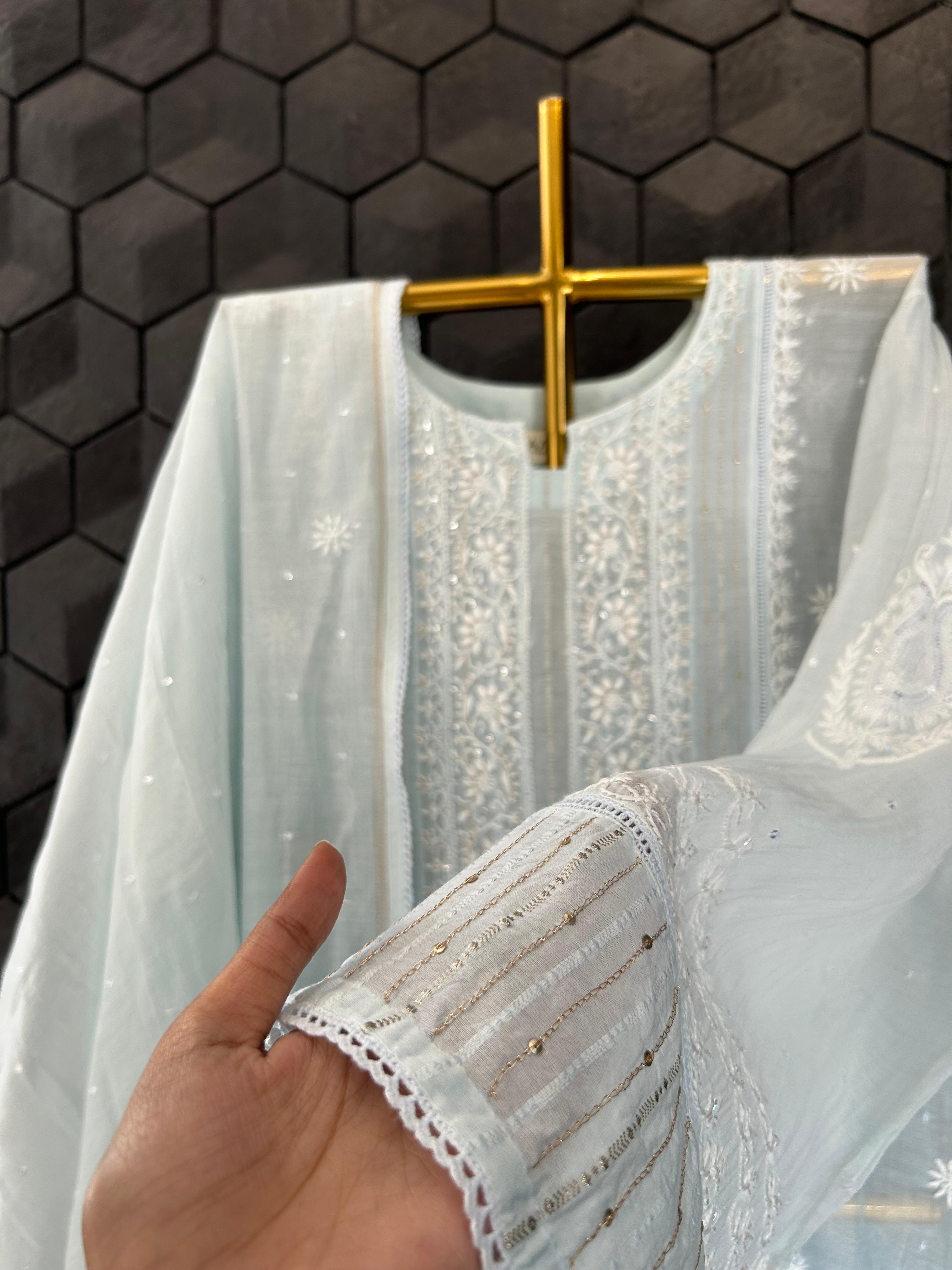 Sky Blue Mul Chanderi chikankari kurta set