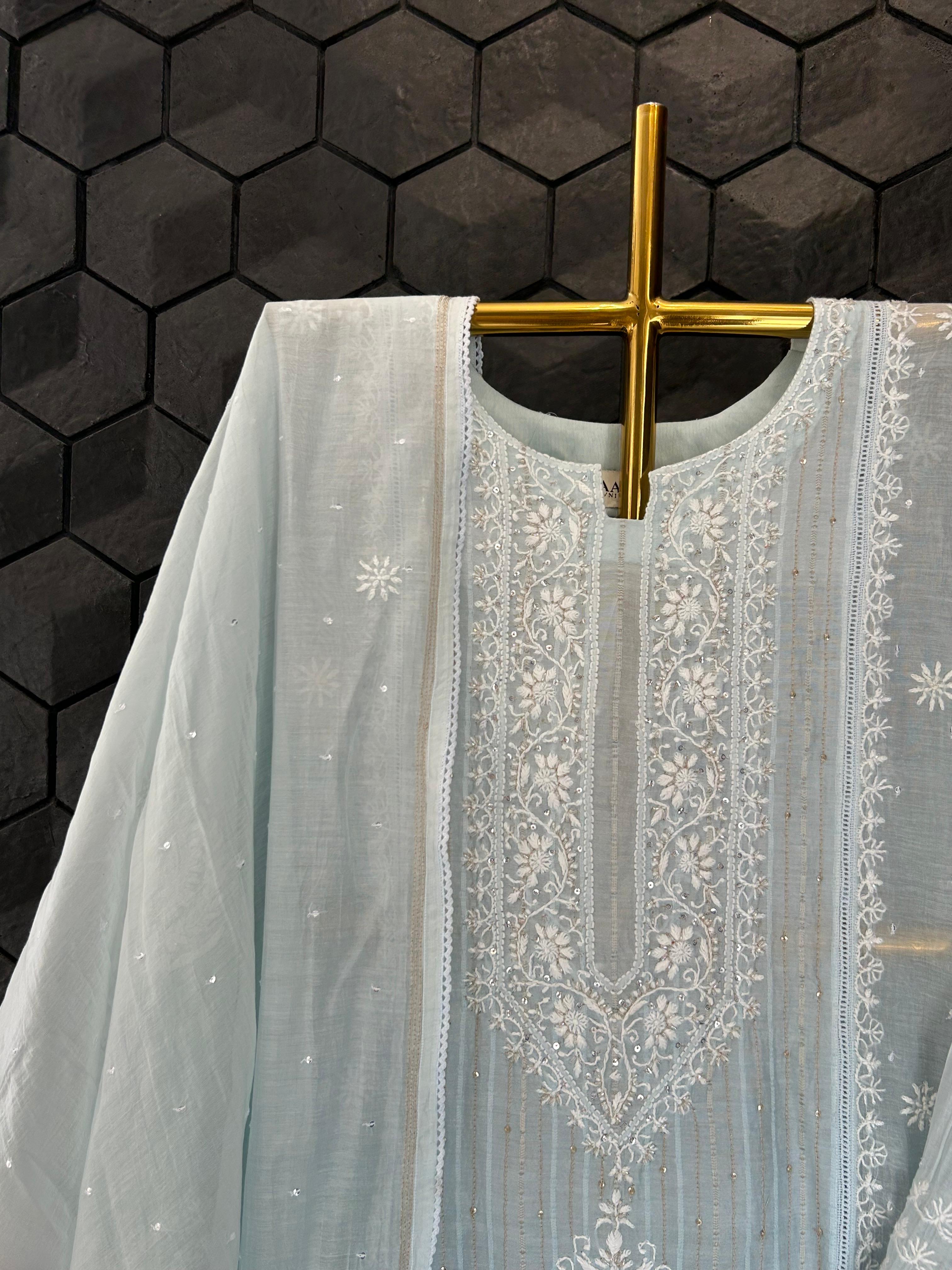 Sky Blue Mul Chanderi chikankari kurta set