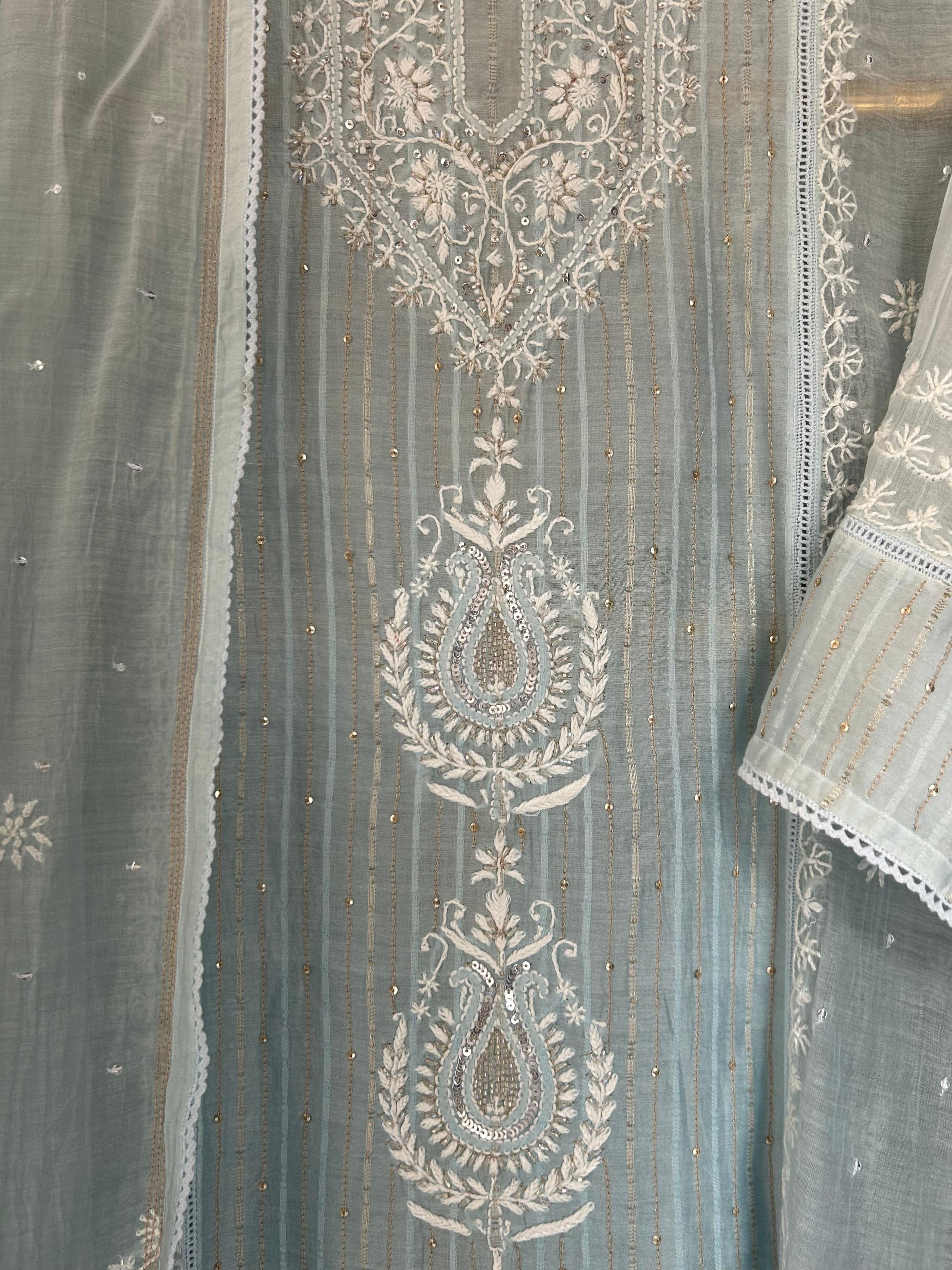 Sky Blue Mul Chanderi chikankari kurta set