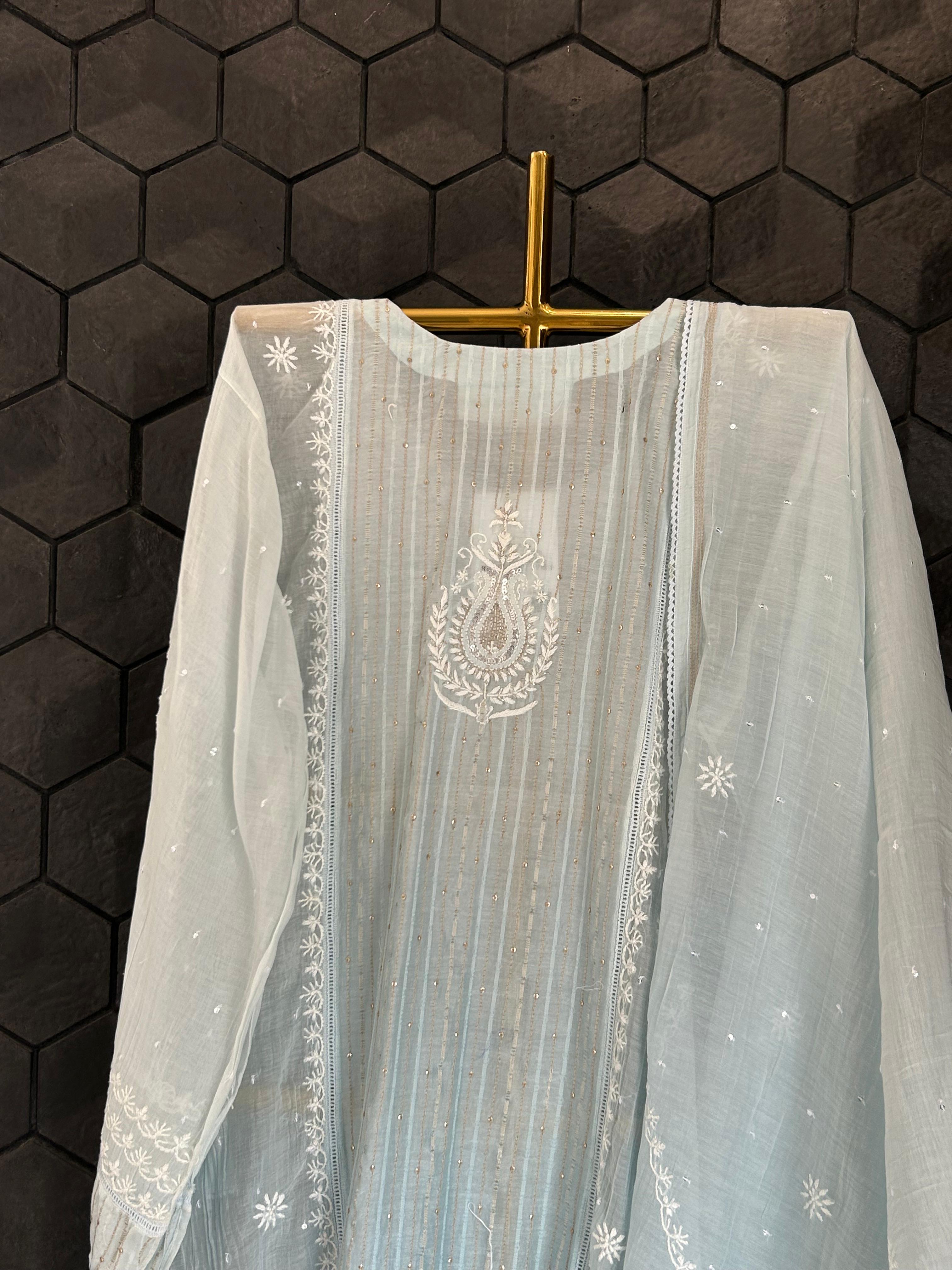 Sky Blue Mul Chanderi chikankari kurta set