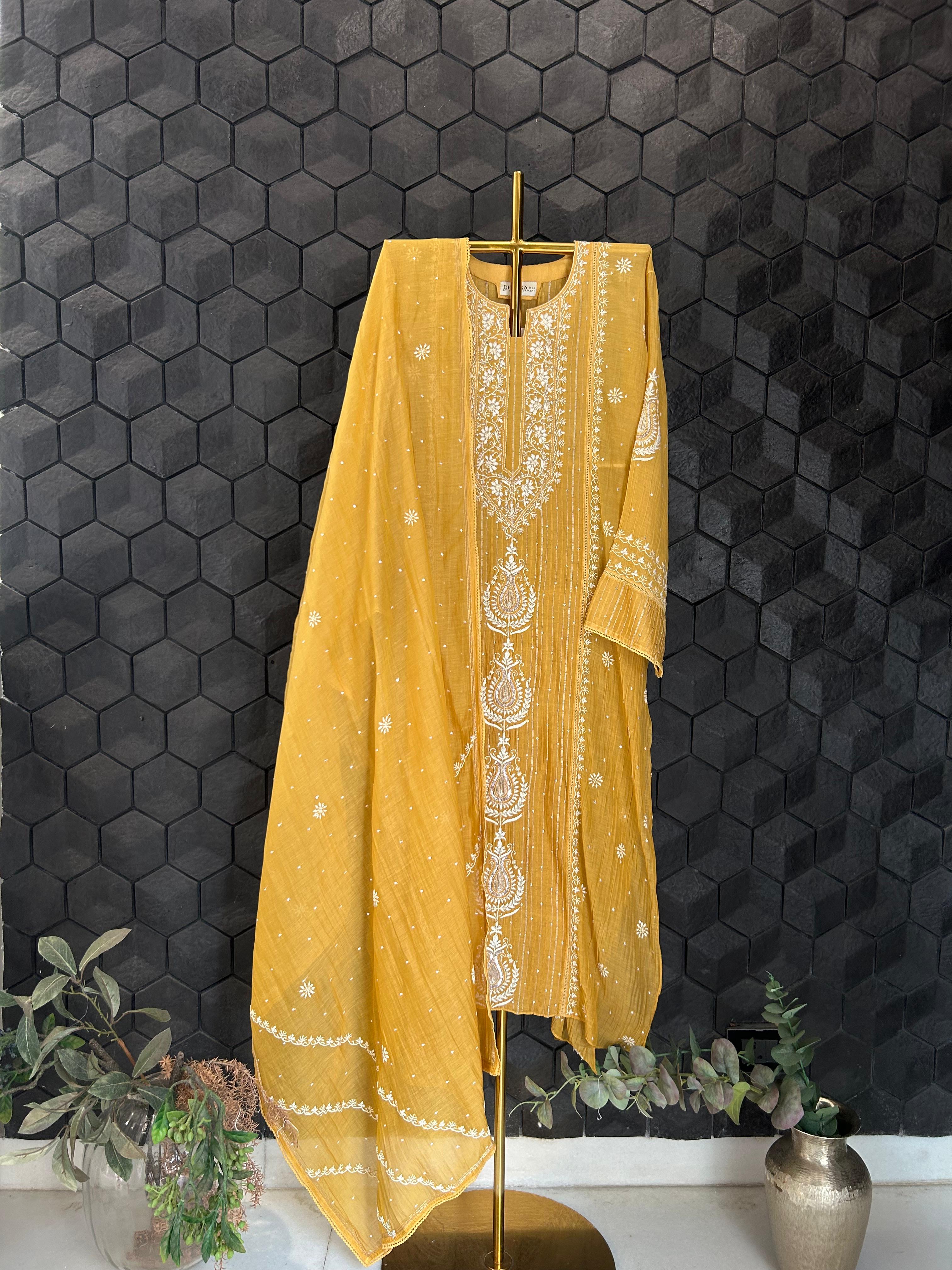 Mustard mul chanderi chikankari kurta set