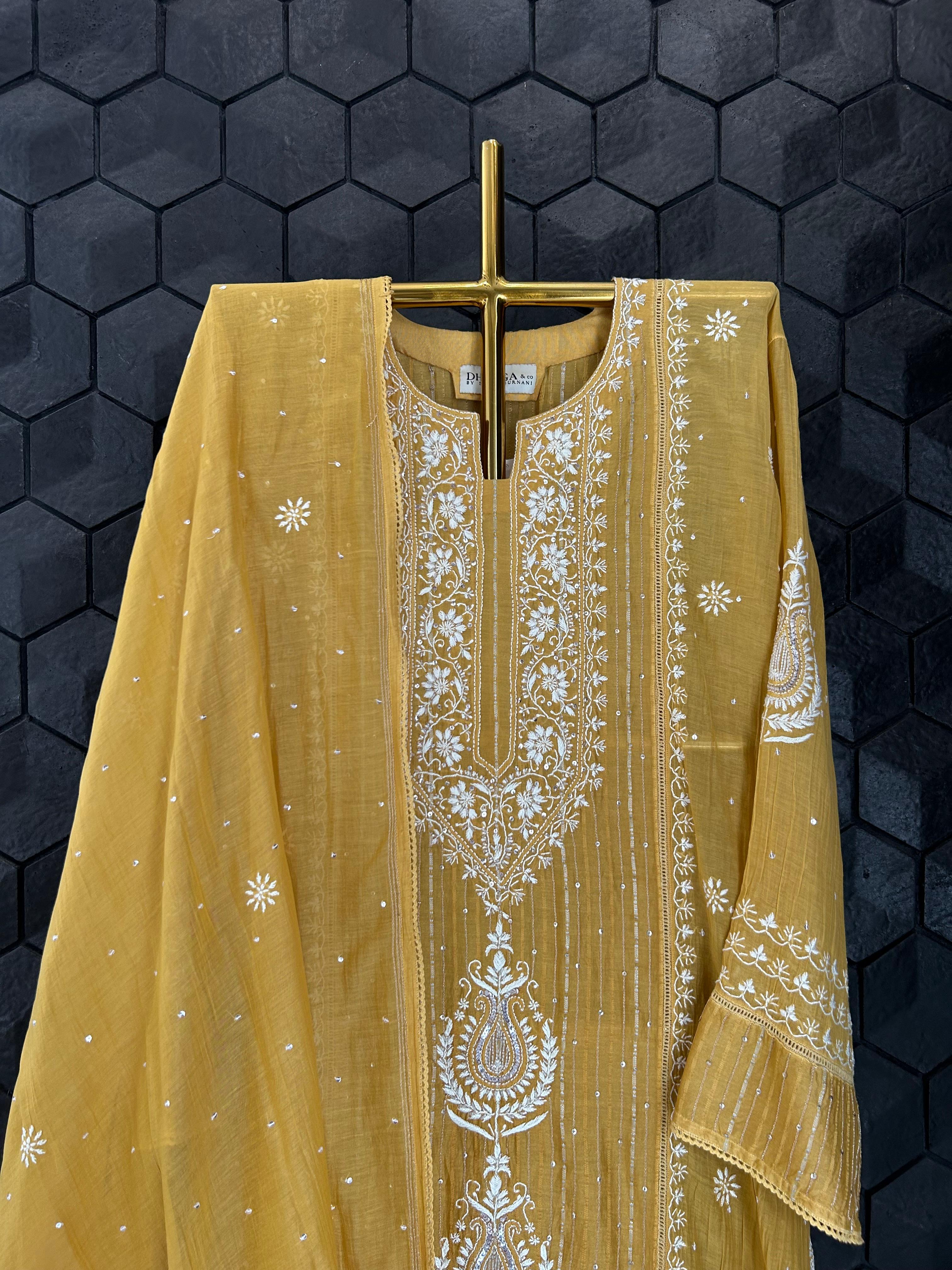 Mustard mul chanderi chikankari kurta set