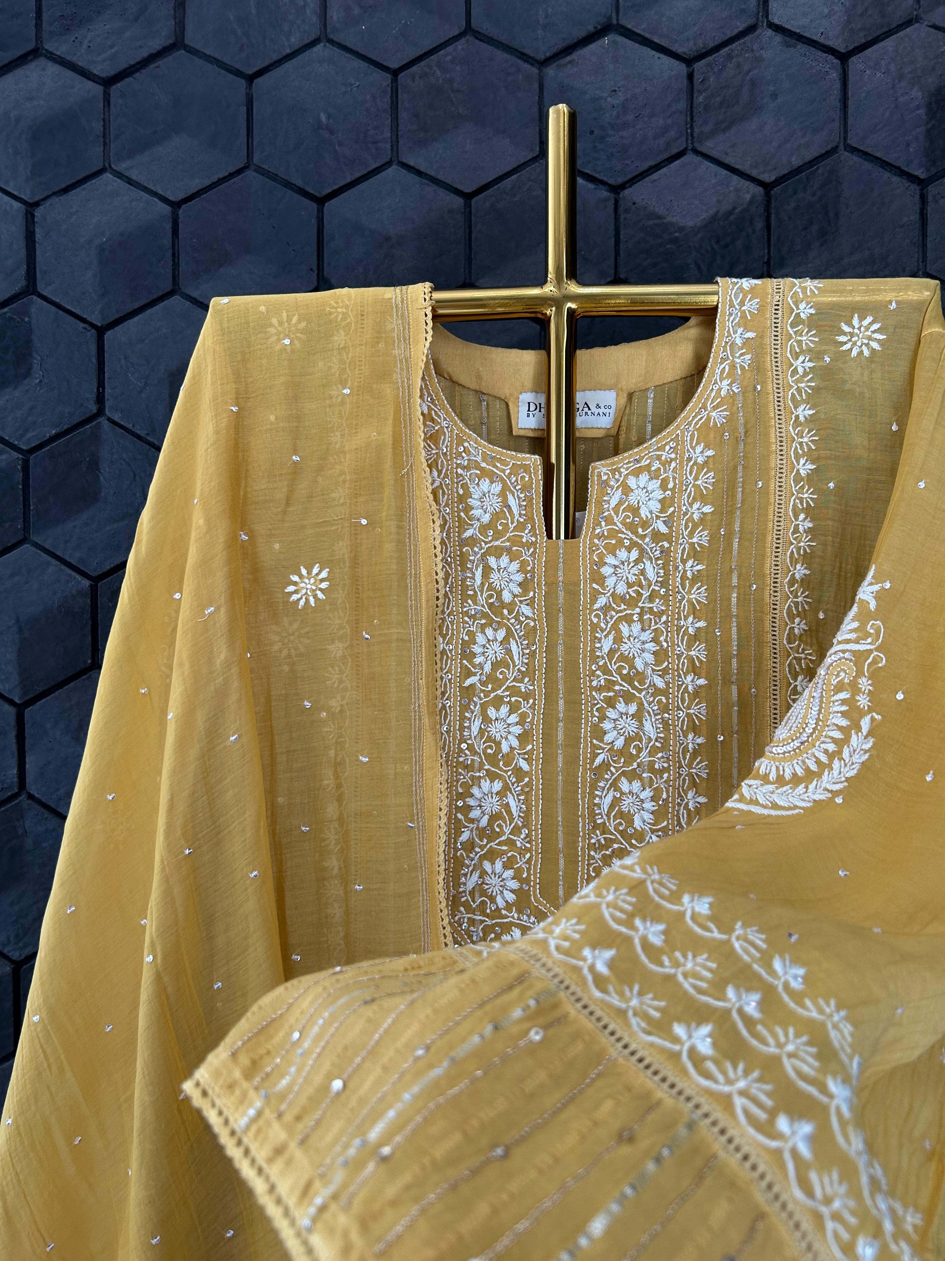Mustard mul chanderi chikankari kurta set