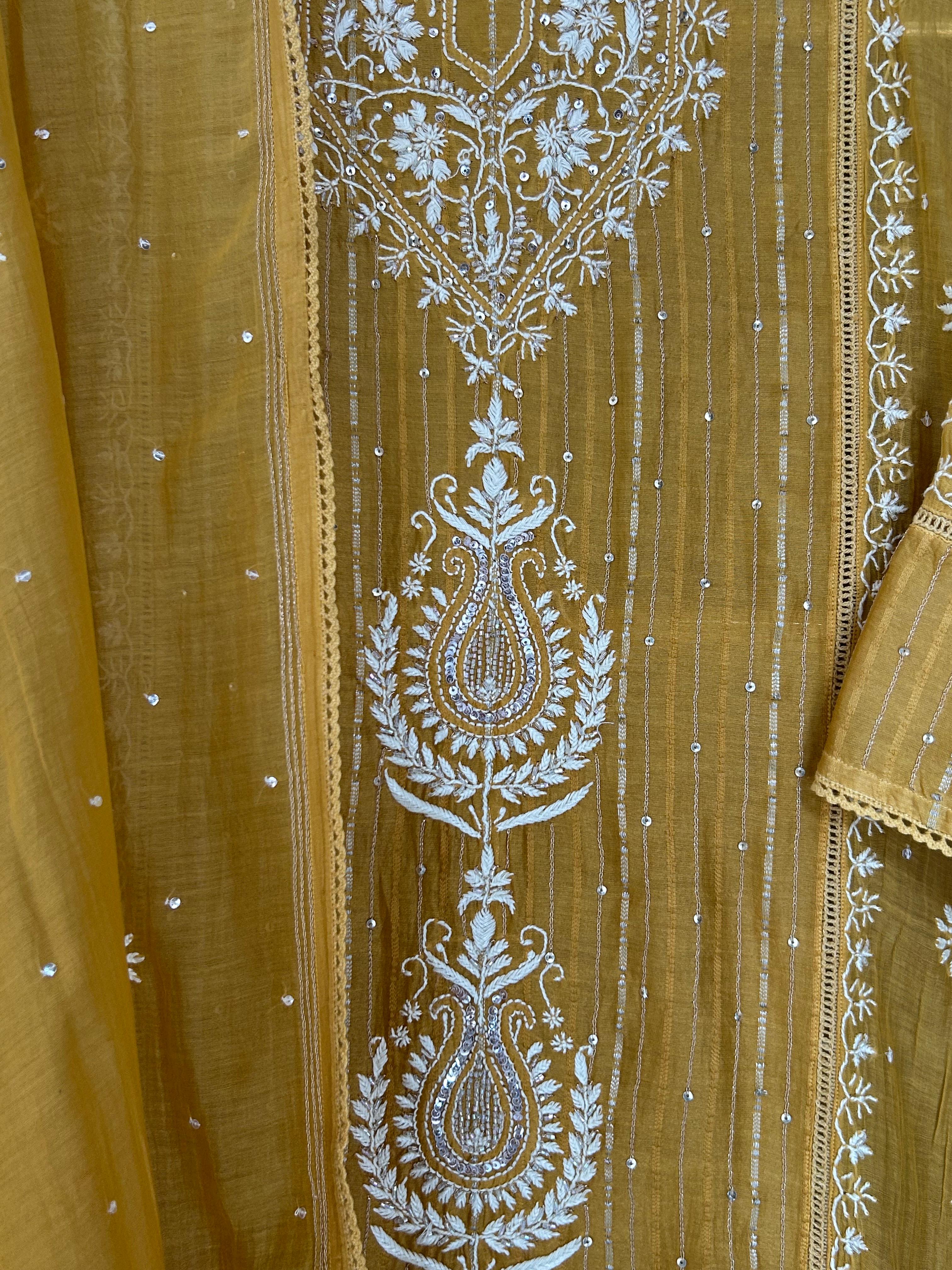 Mustard mul chanderi chikankari kurta set