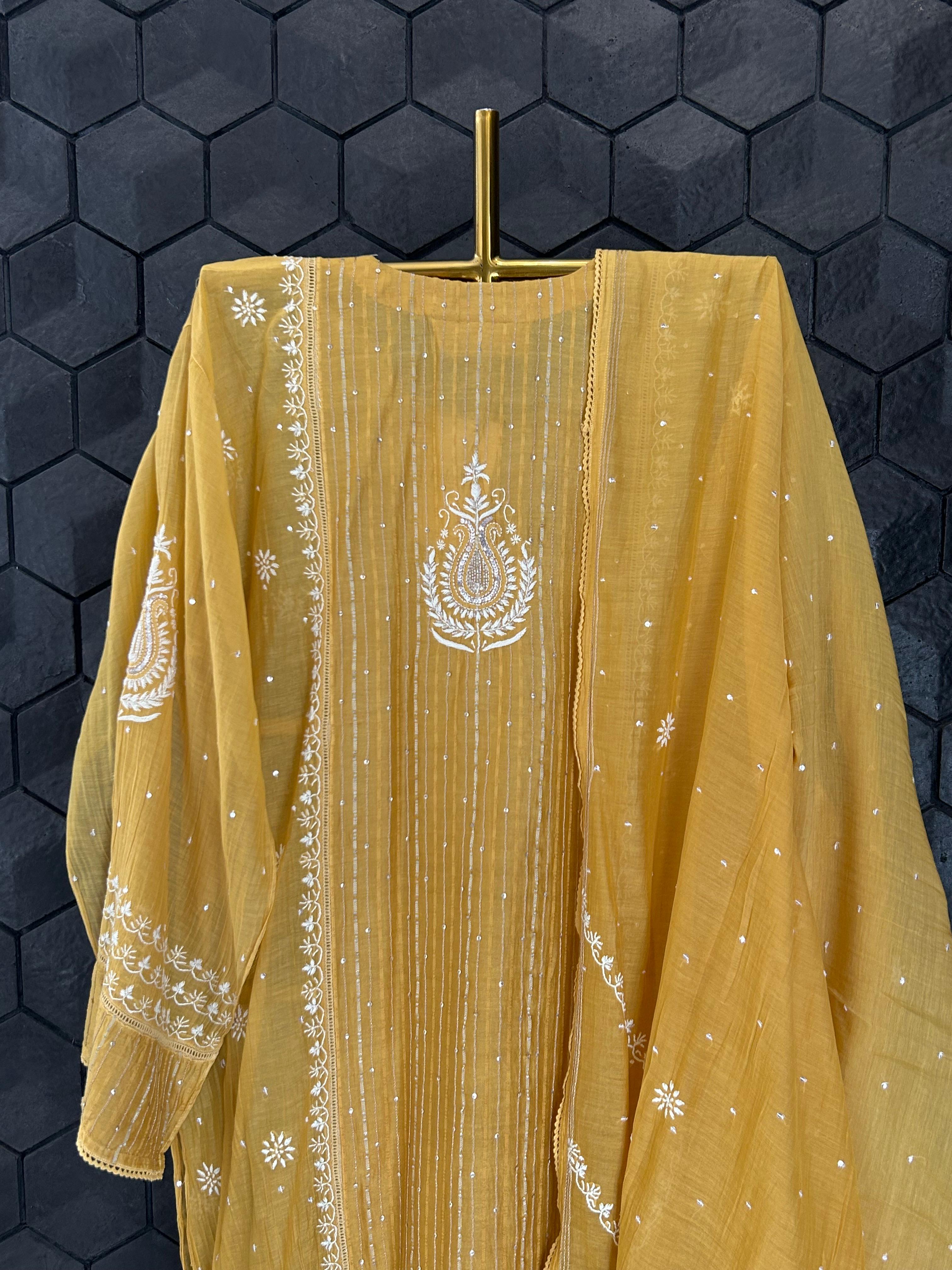 Mustard mul chanderi chikankari kurta set