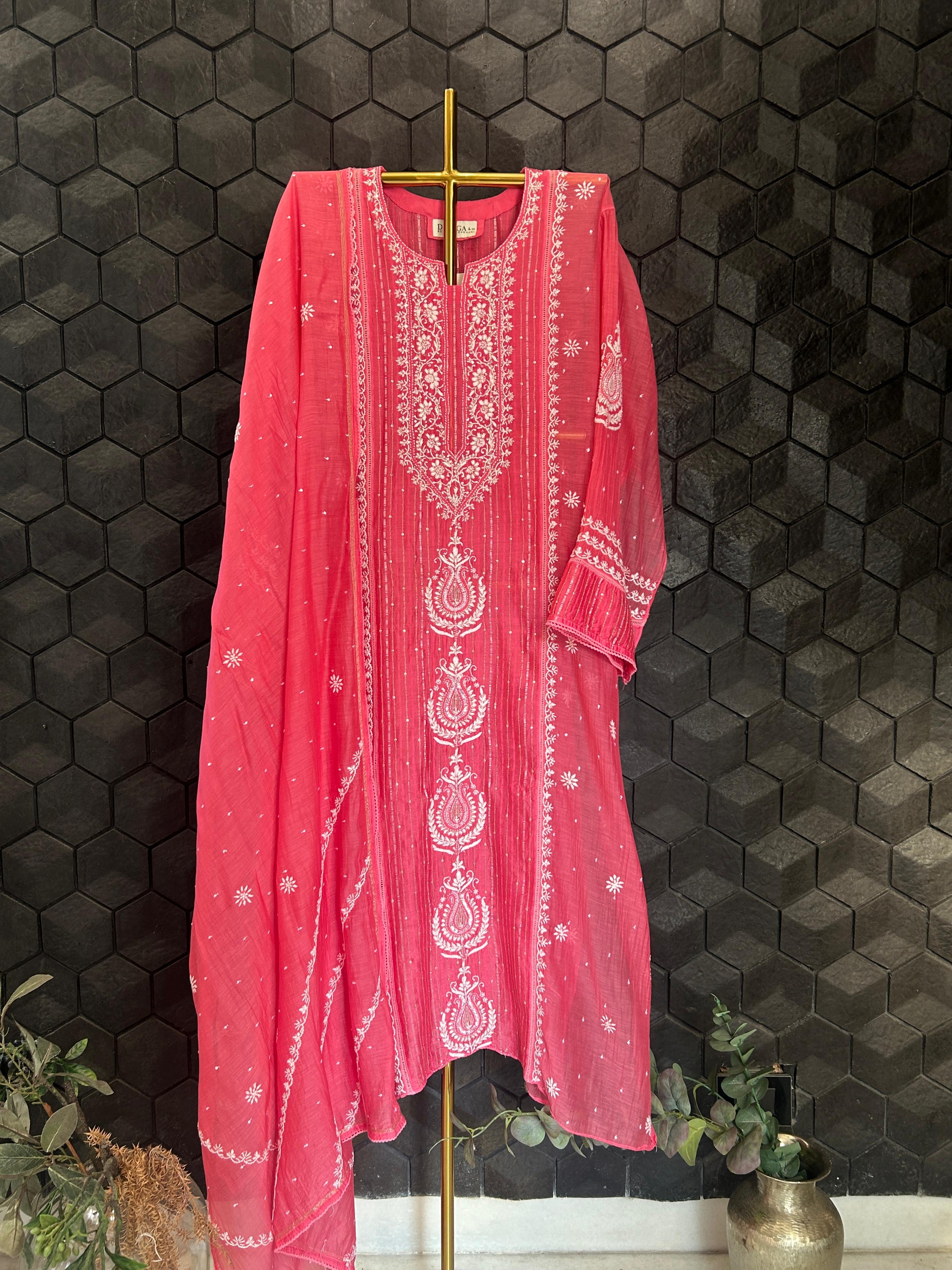 Fuschia mul chanderi chikankari kurta set