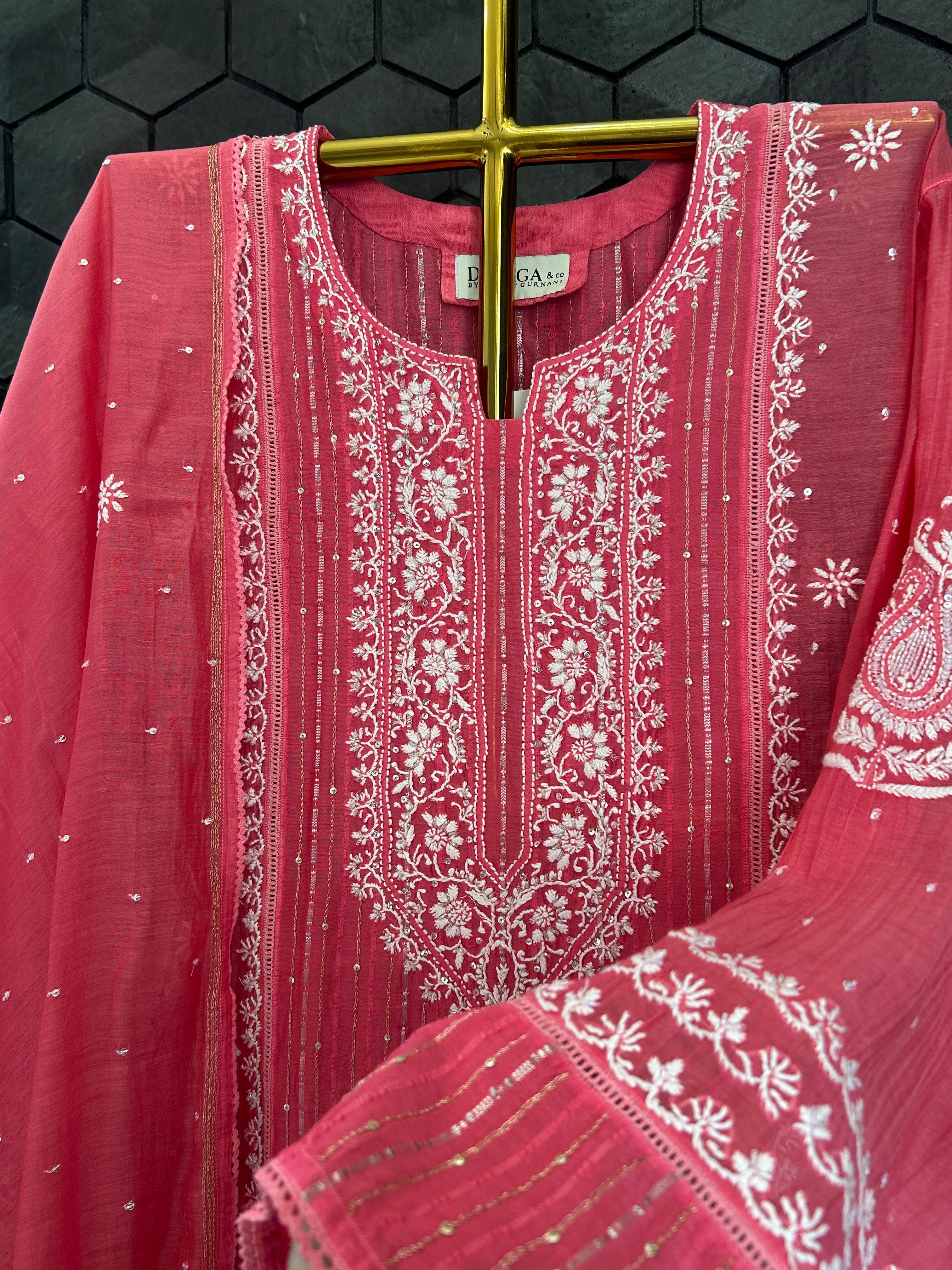 Fuschia mul chanderi chikankari kurta set