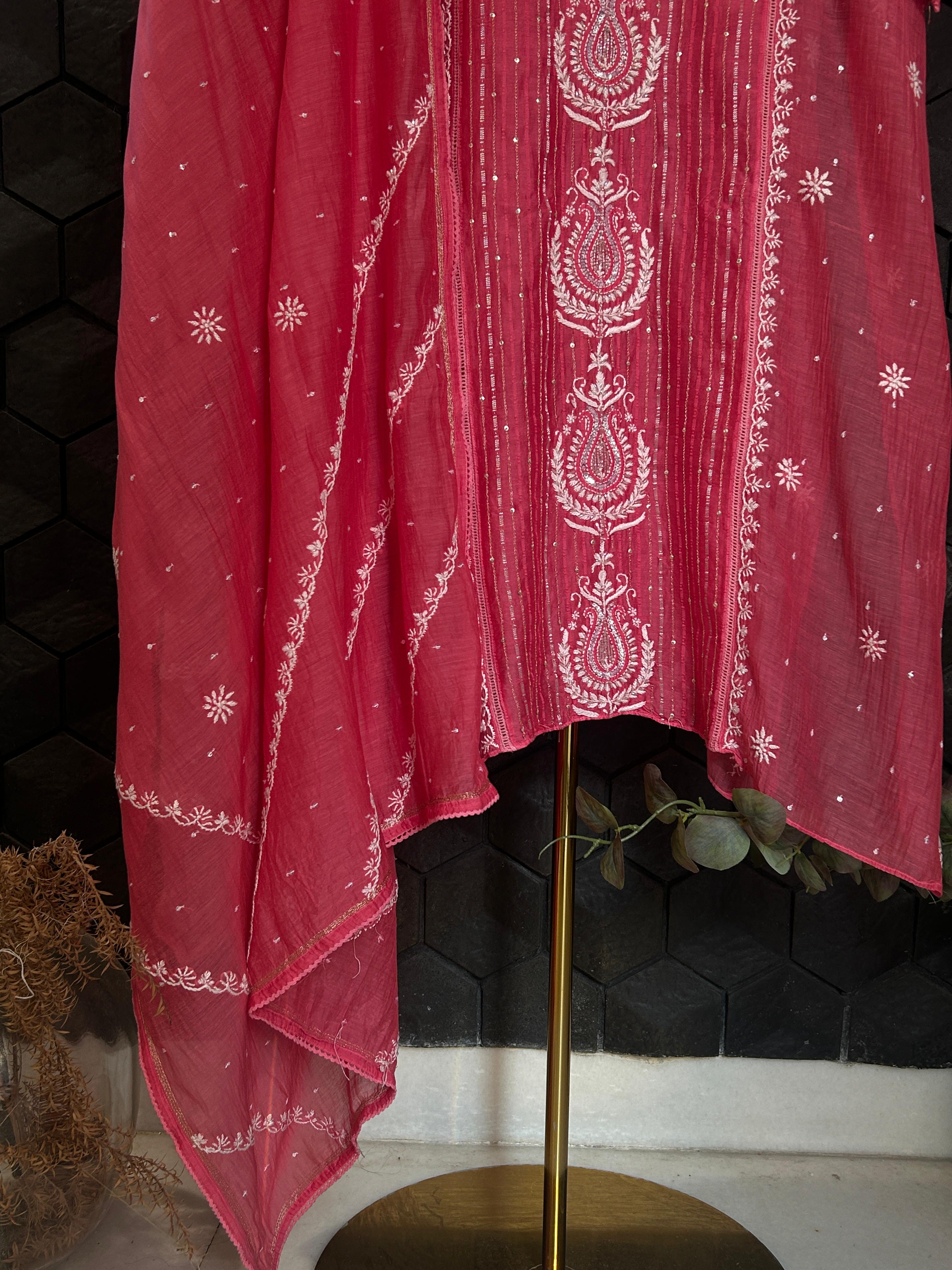 Fuschia mul chanderi chikankari kurta set
