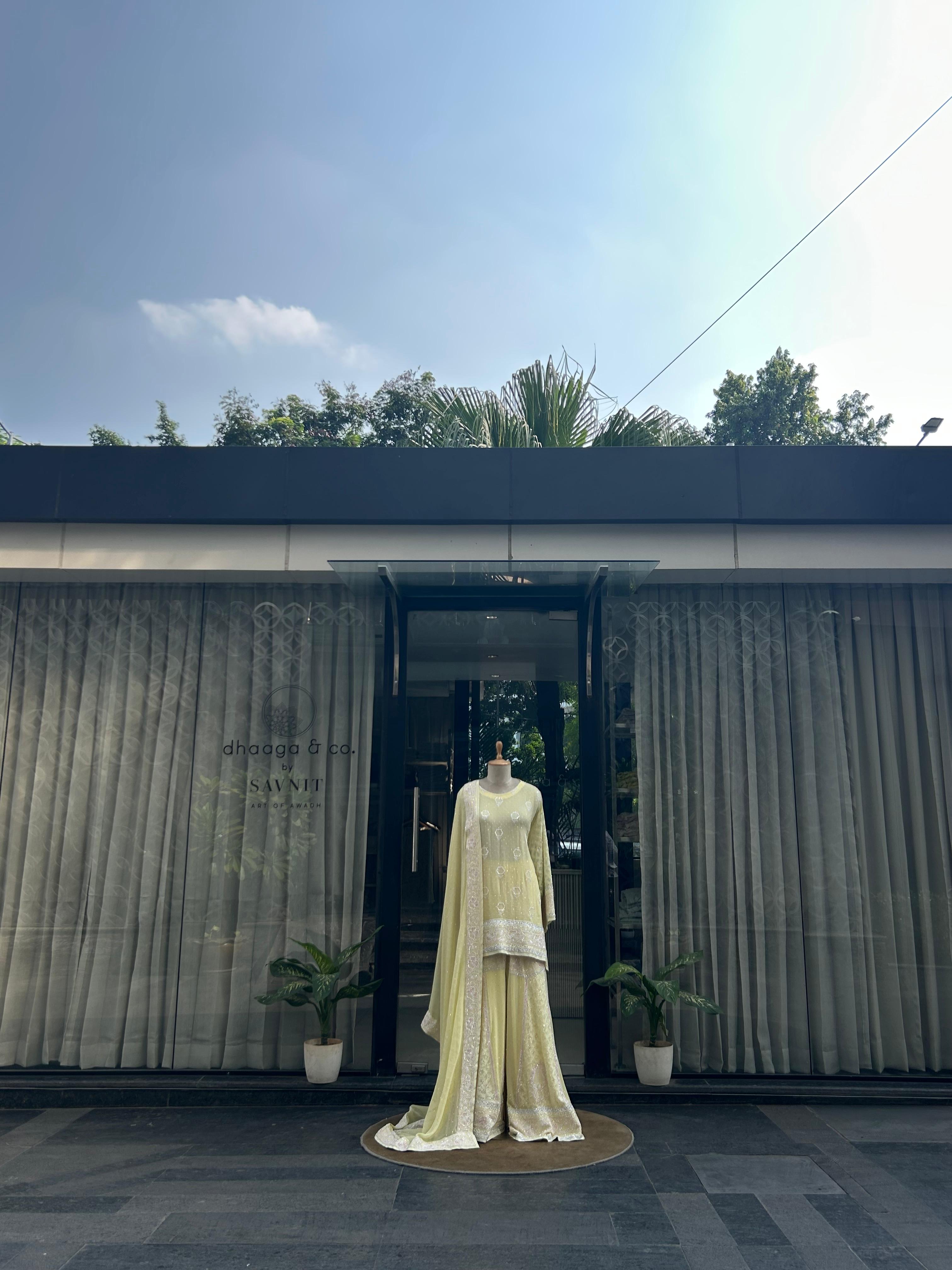 Yellow Georgette ek - taar chikankari sharara set