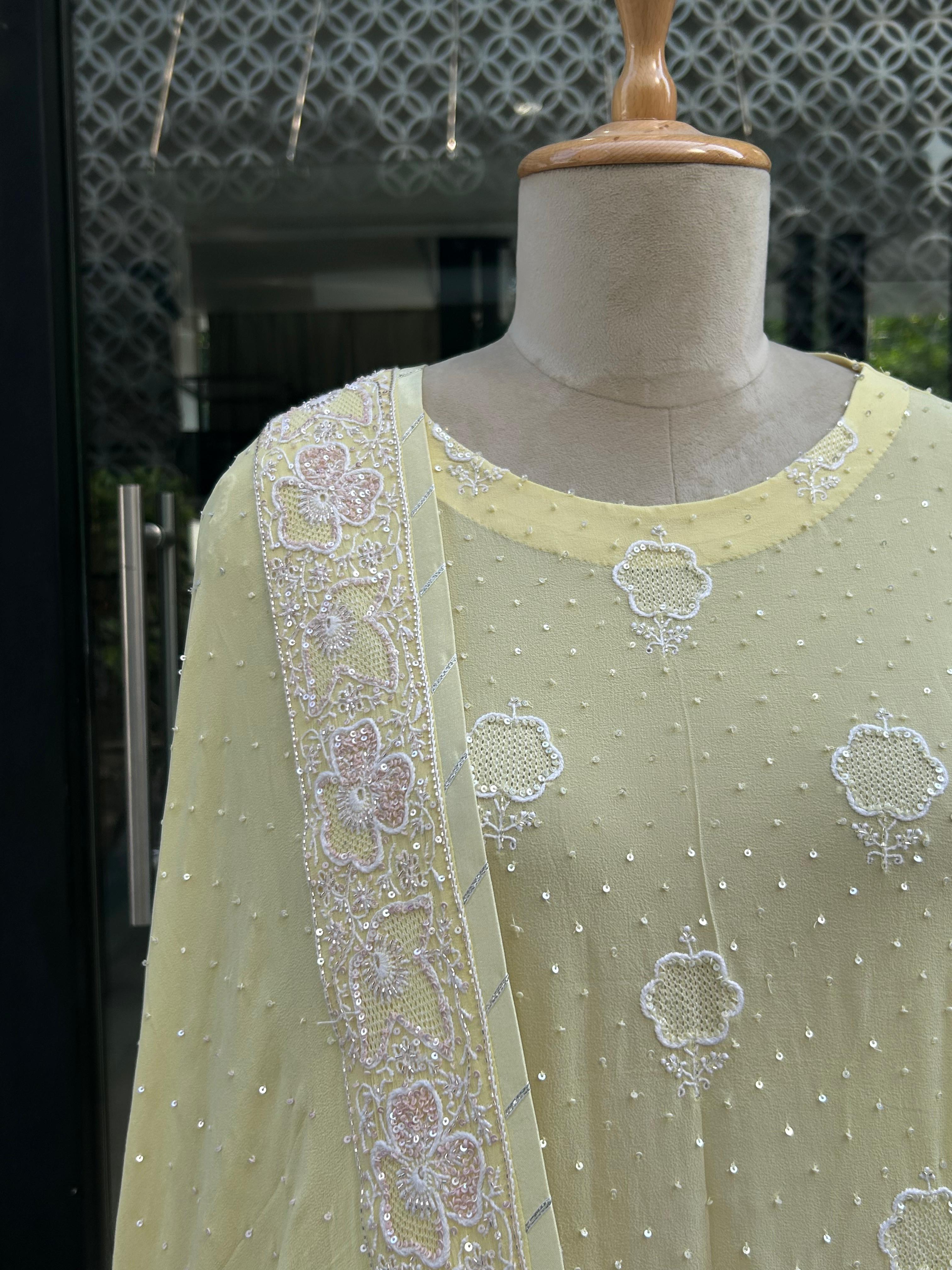 Yellow Georgette ek - taar chikankari sharara set