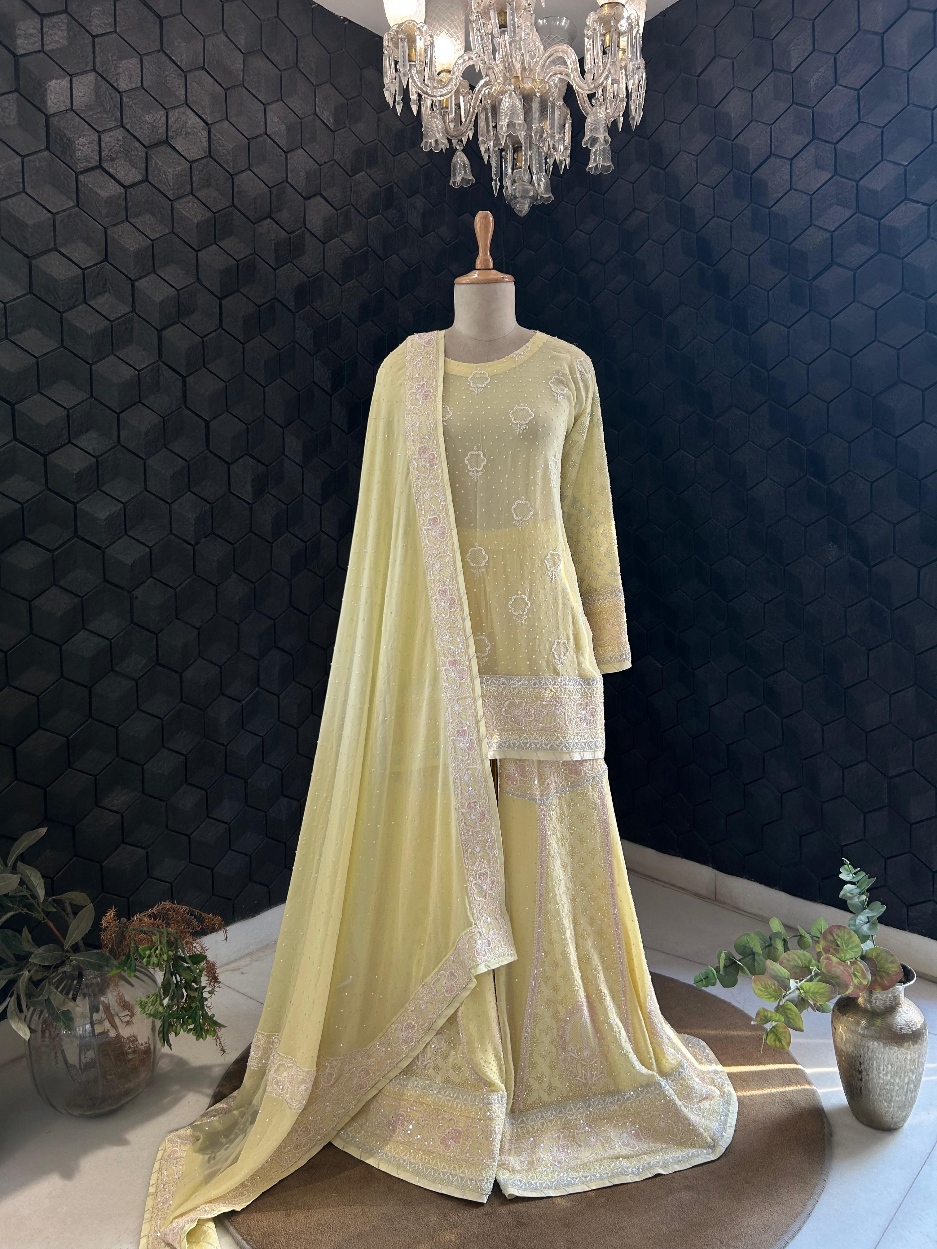 Yellow Georgette ek - taar chikankari sharara set