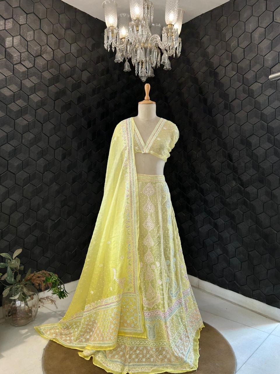 Yellow organza chikankari lehenga set