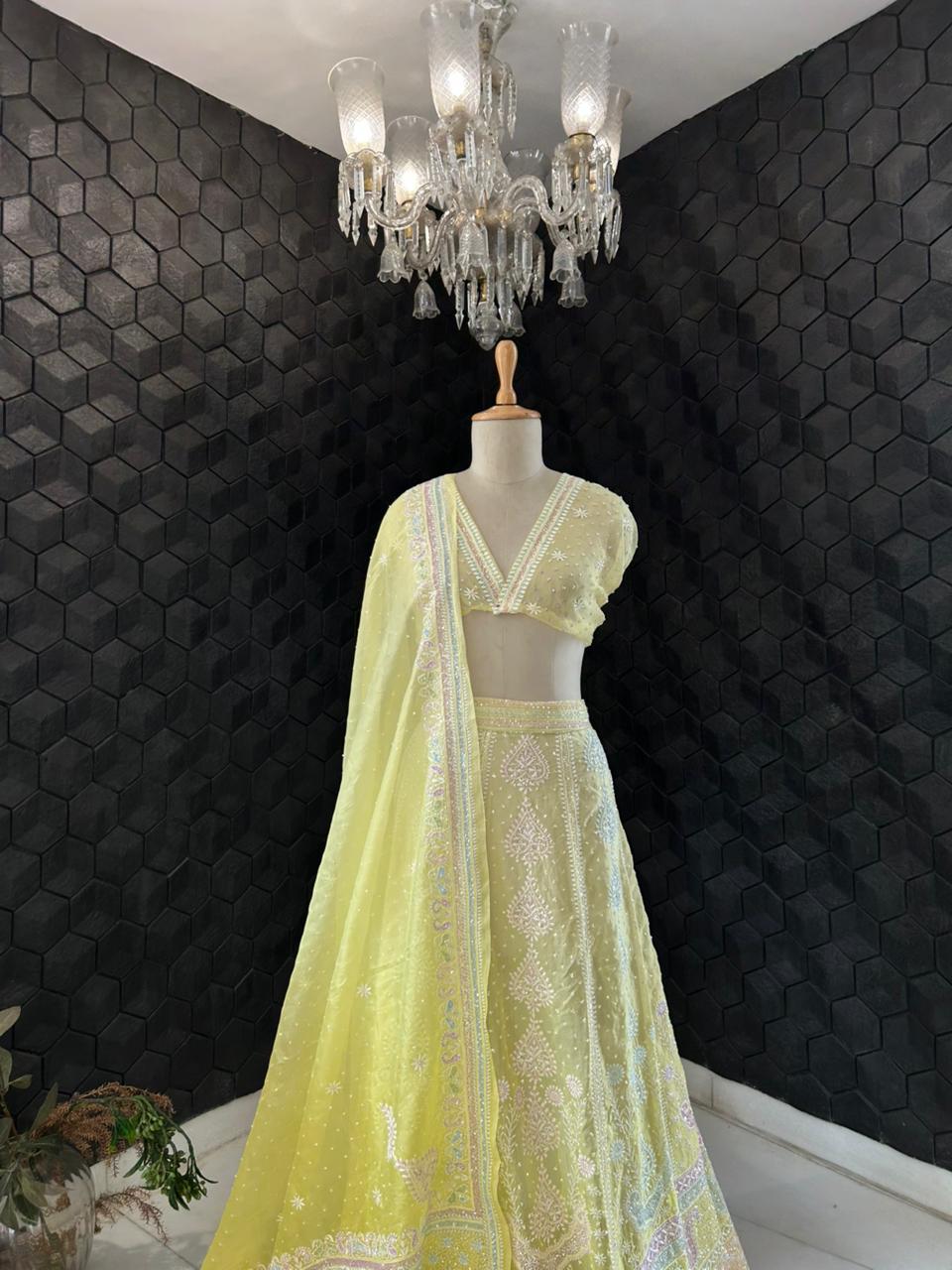 Yellow organza chikankari lehenga set
