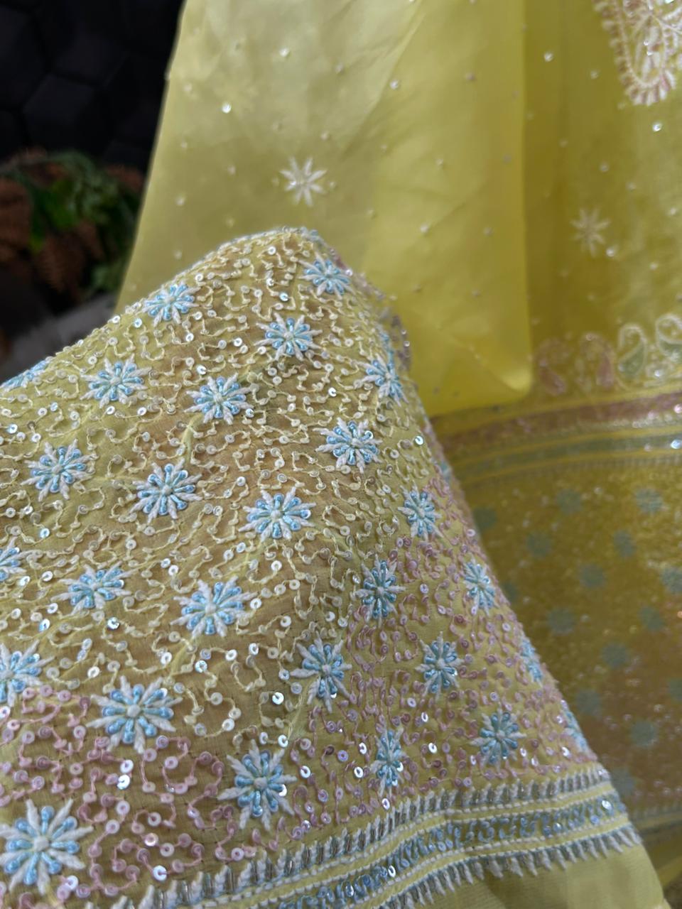 Yellow organza chikankari lehenga set