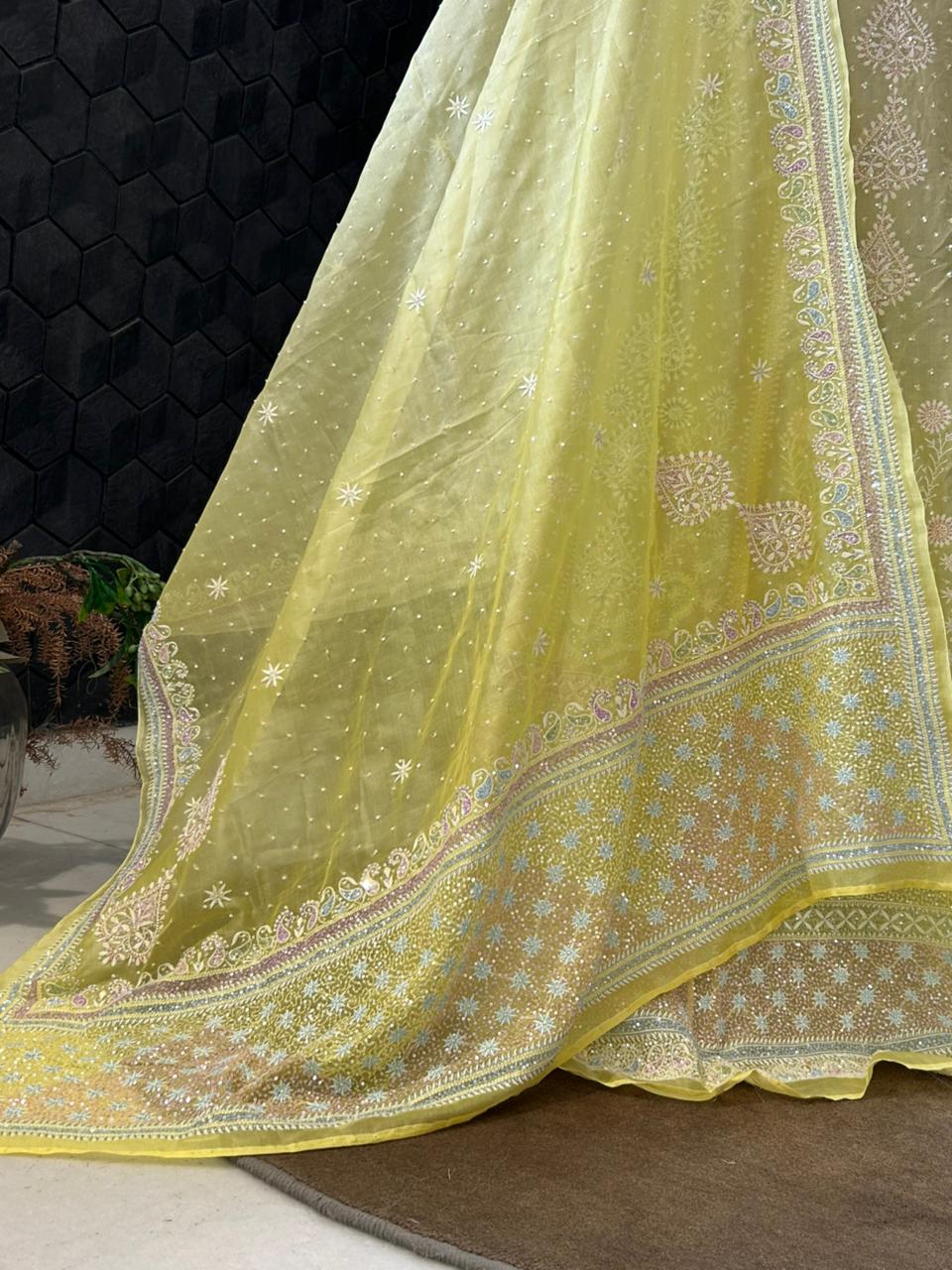 Yellow organza chikankari lehenga set
