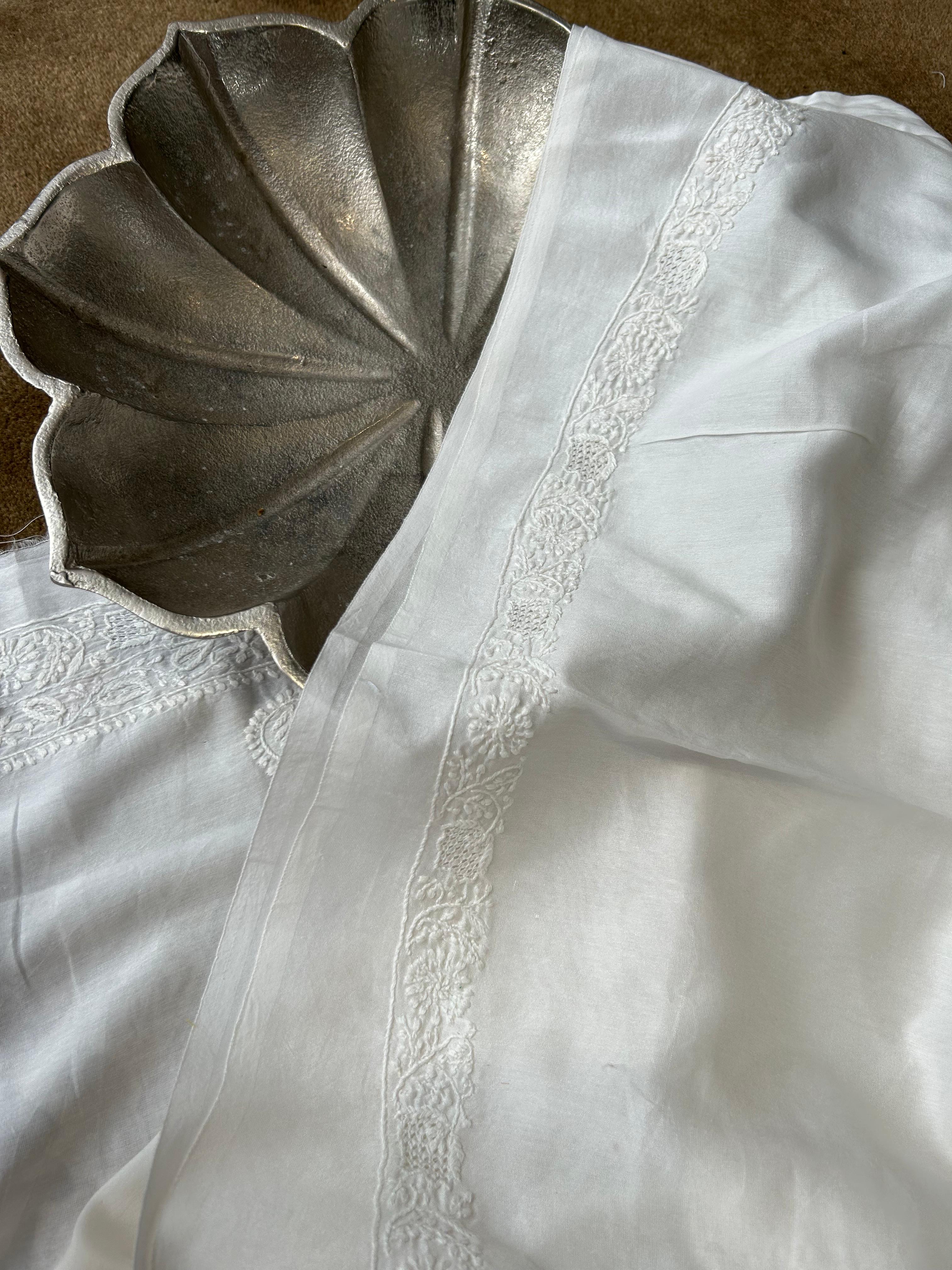 White chanderi chikankari mens kurta