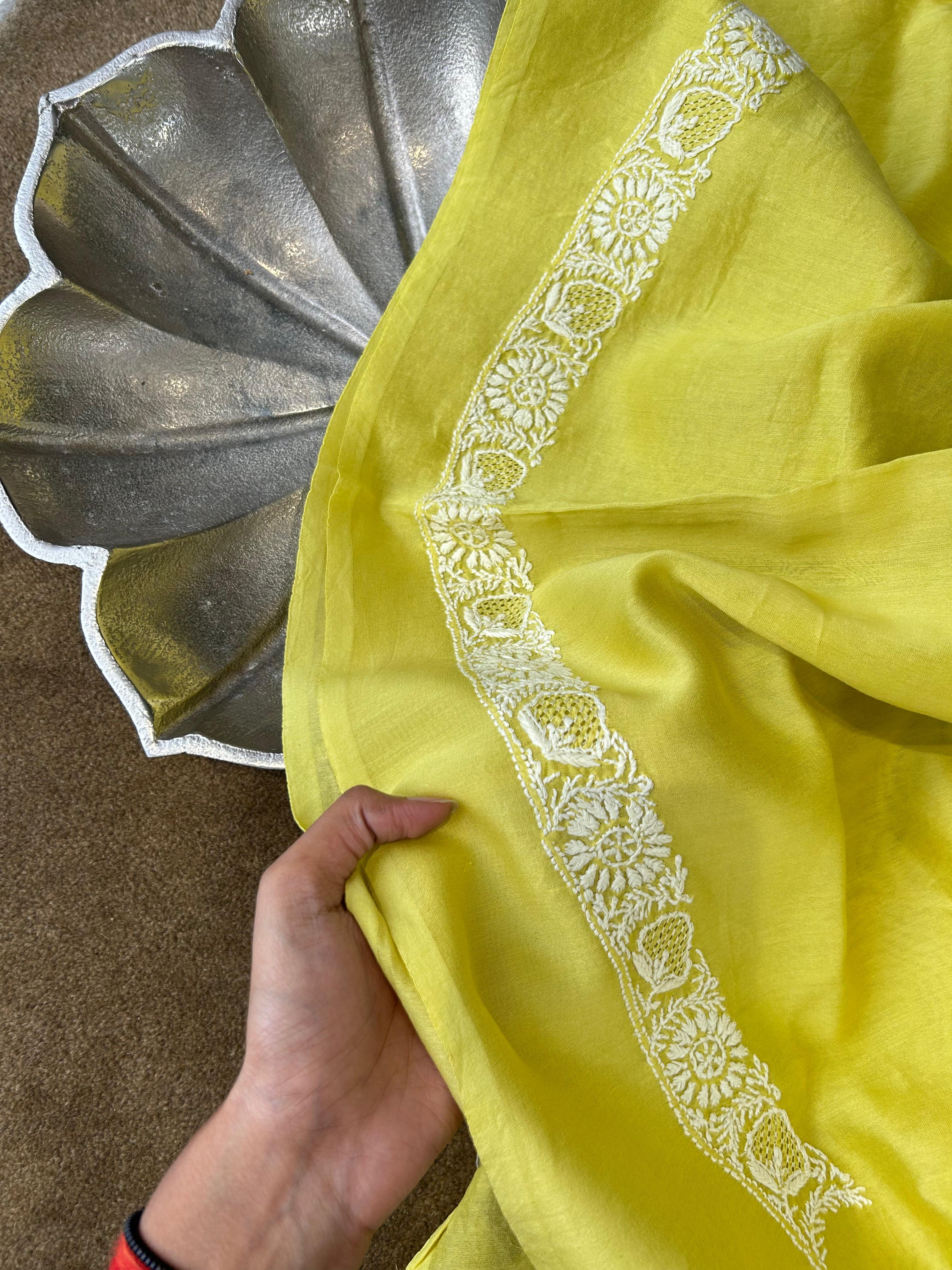 Lime green Chanderi chikankari mens kurta