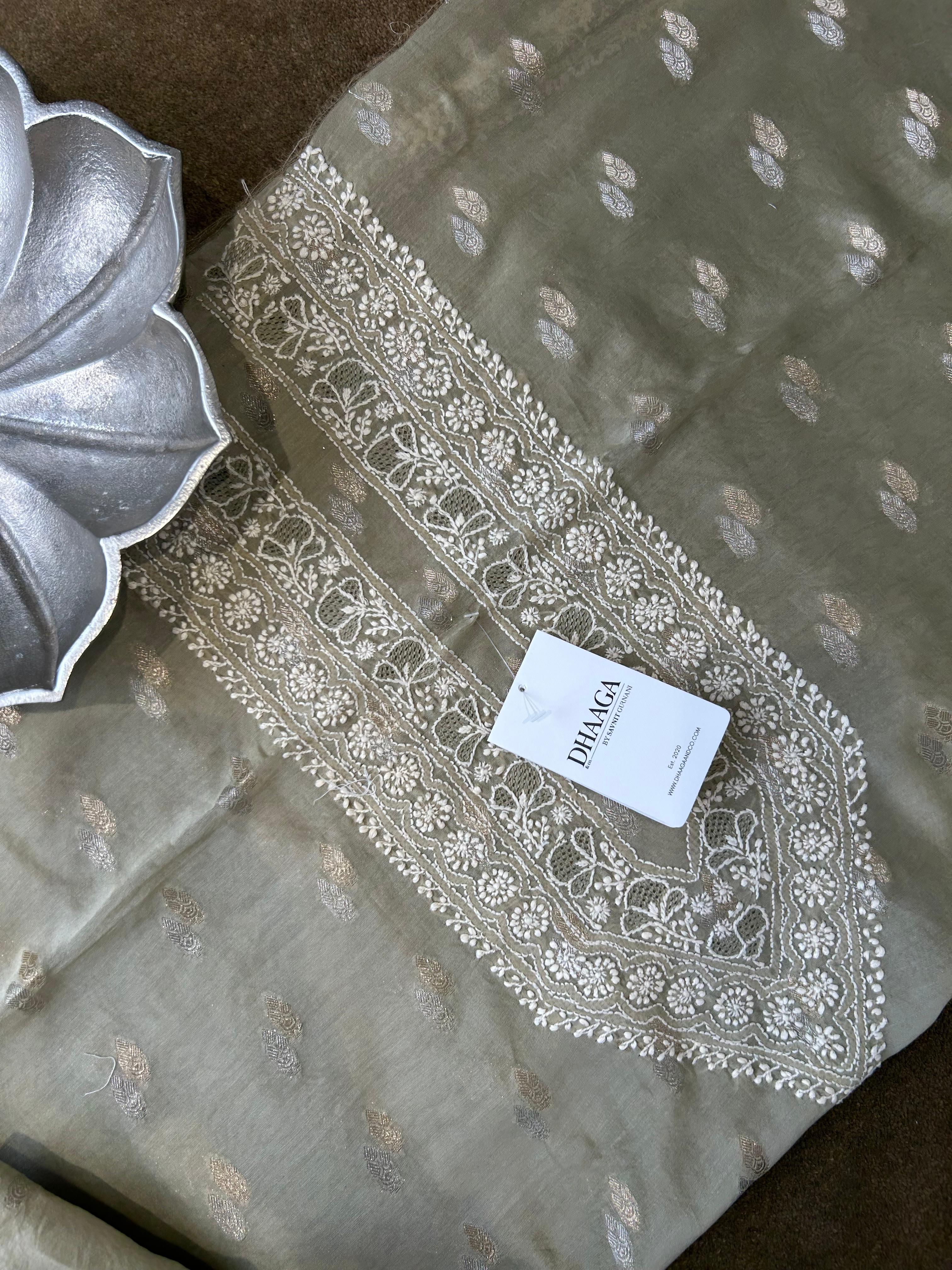 Green chanderi chikankari men kurta