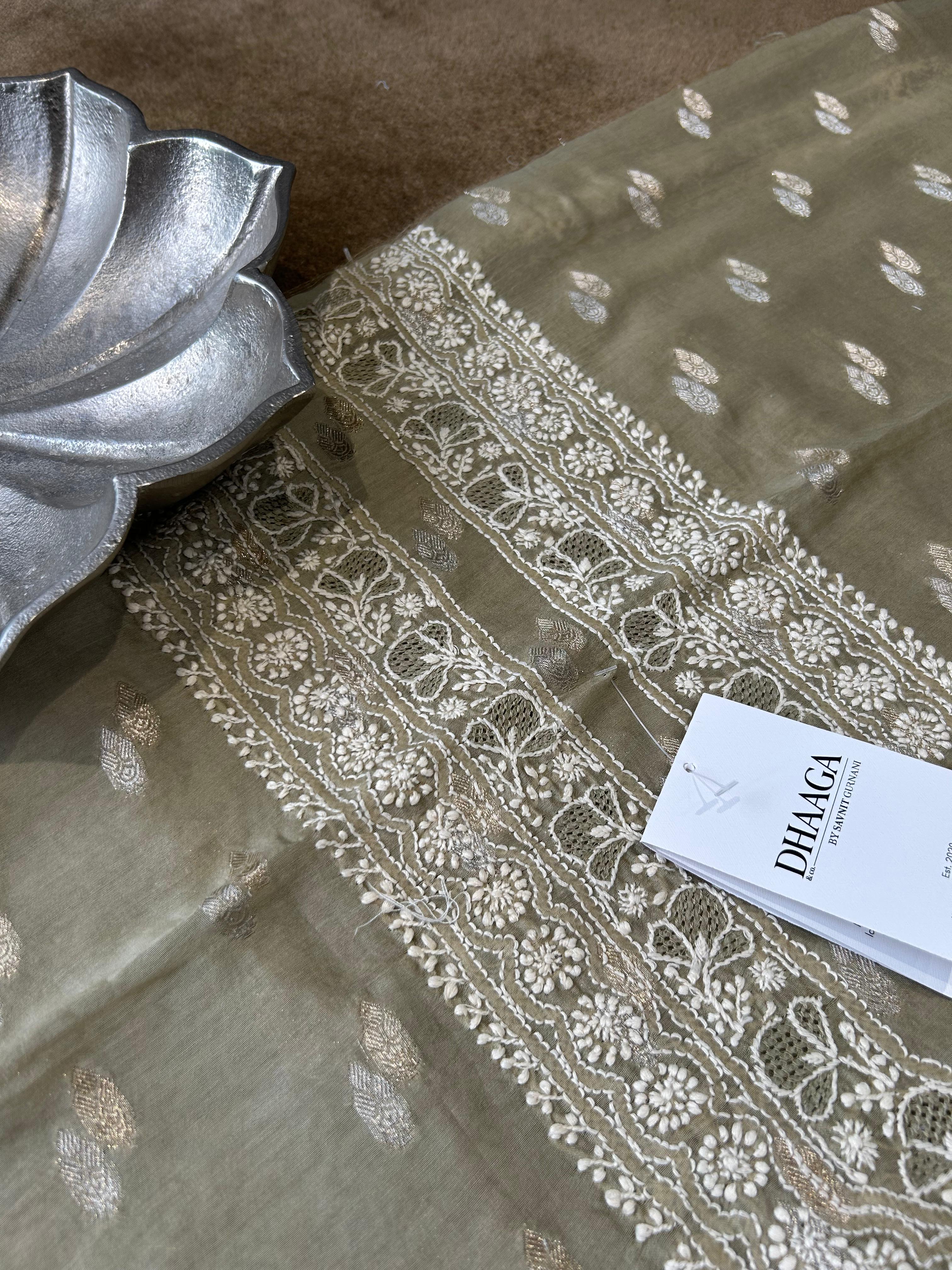 Green chanderi chikankari men kurta