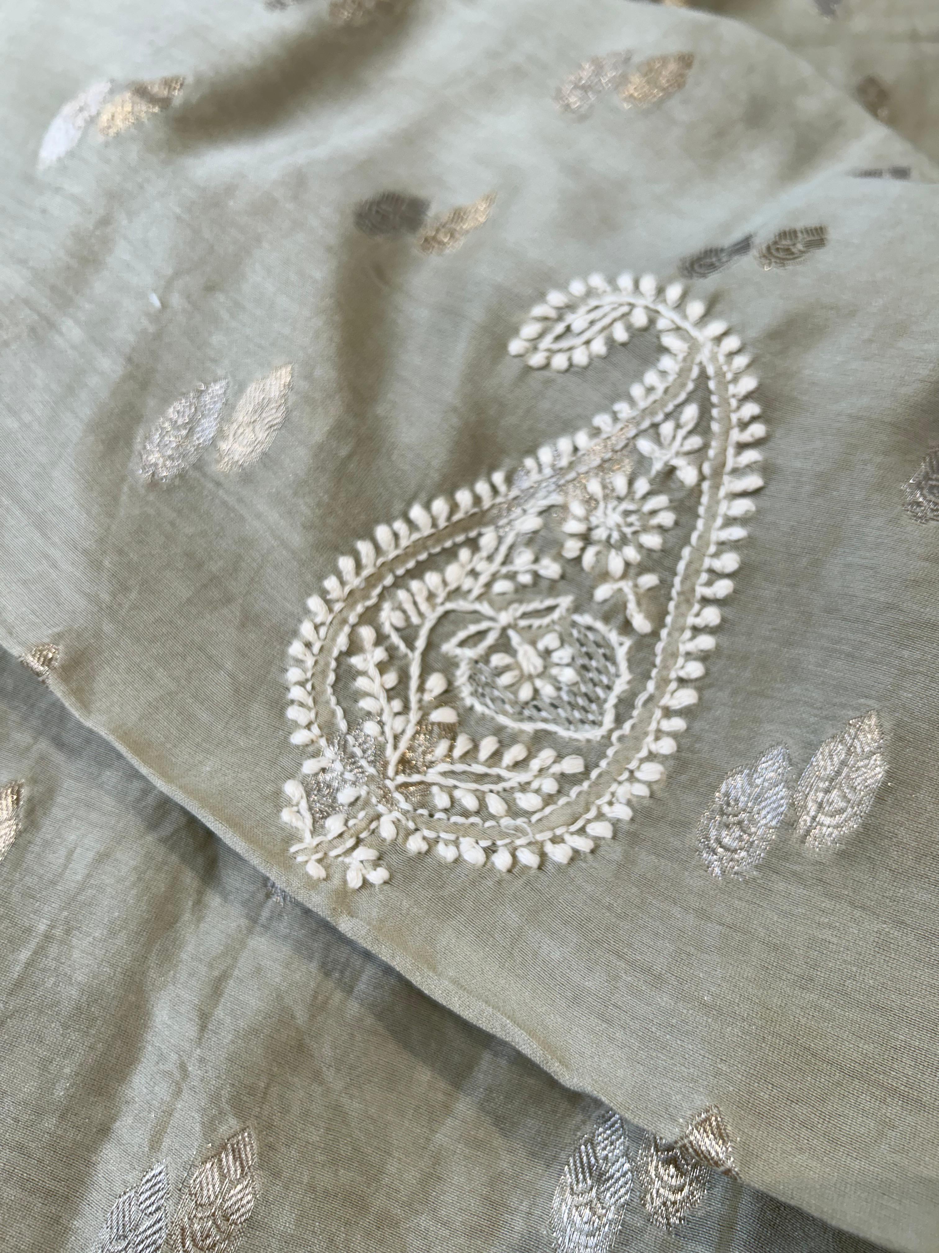 Green chanderi chikankari men kurta