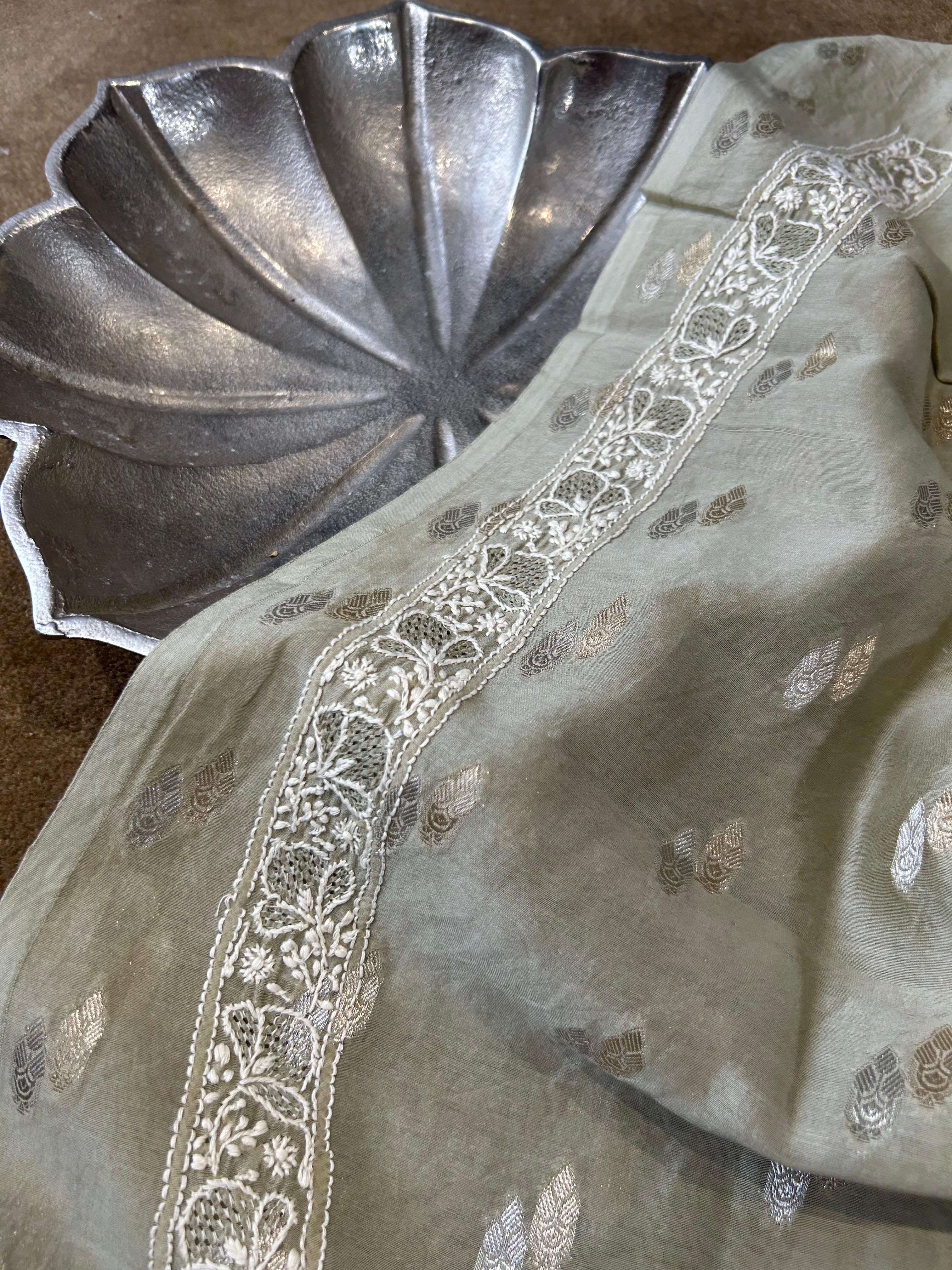 Green chanderi chikankari men kurta