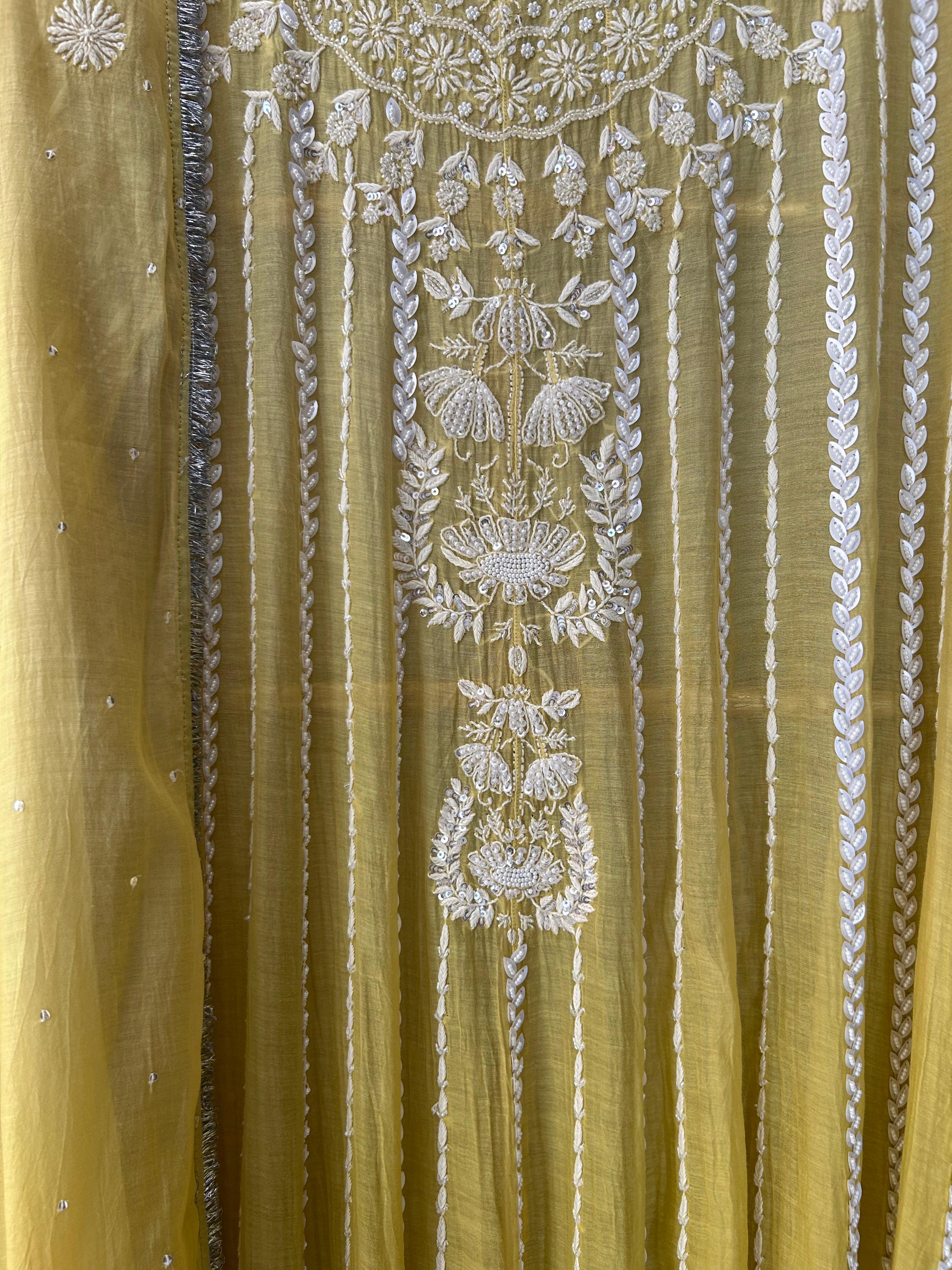 Lime green mul chanderi chikanakri anarkali set