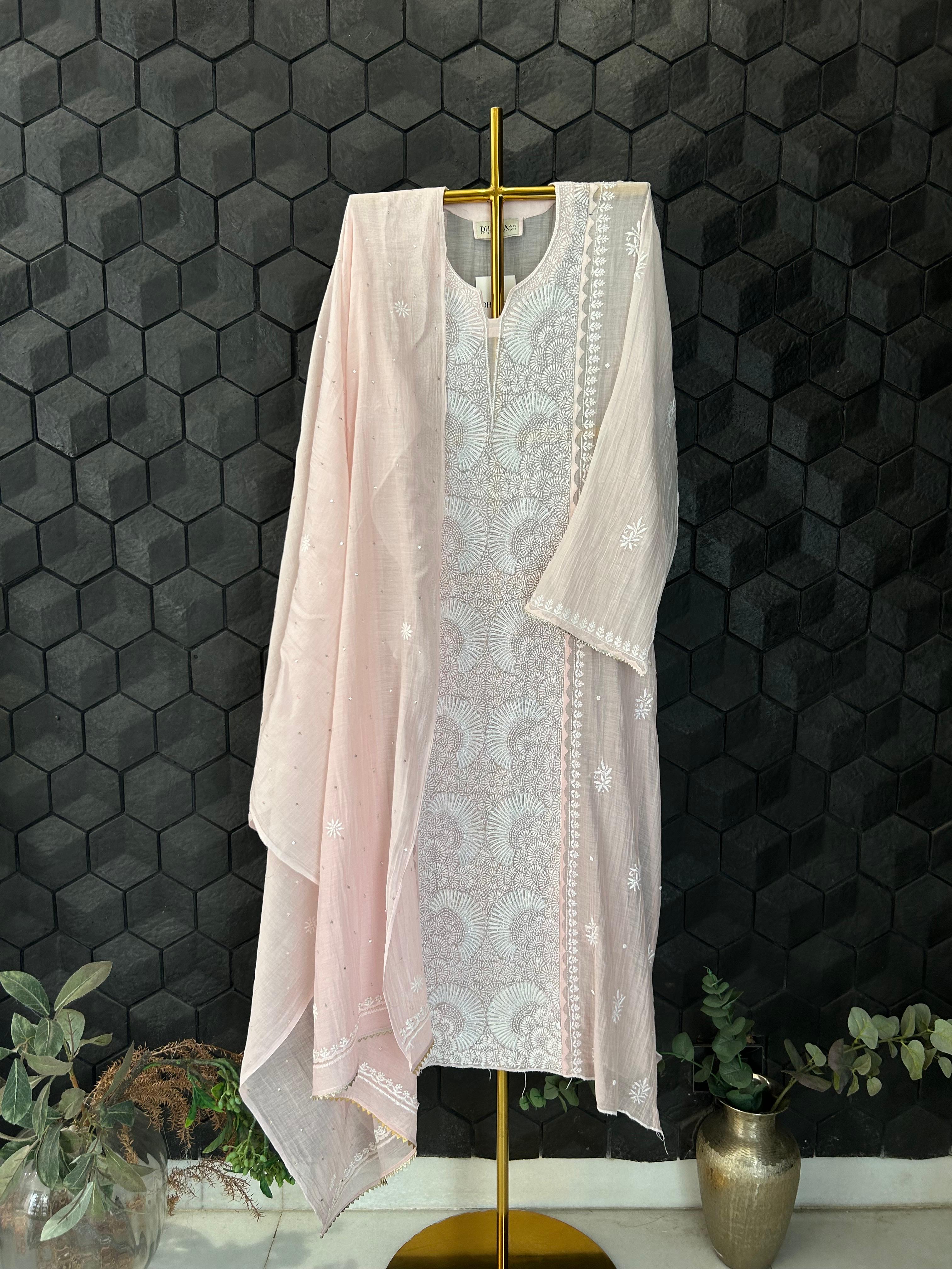 Pink mul chanderi chikankari kurta set